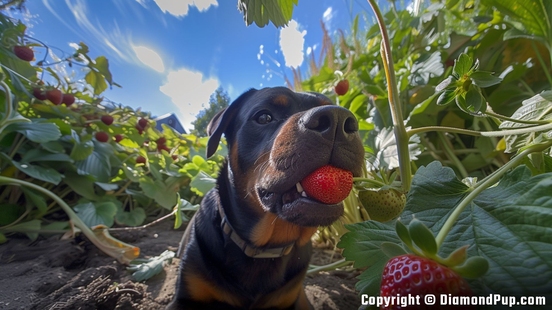 Photograph of a Cute Rottweiler Snacking on Strawberries