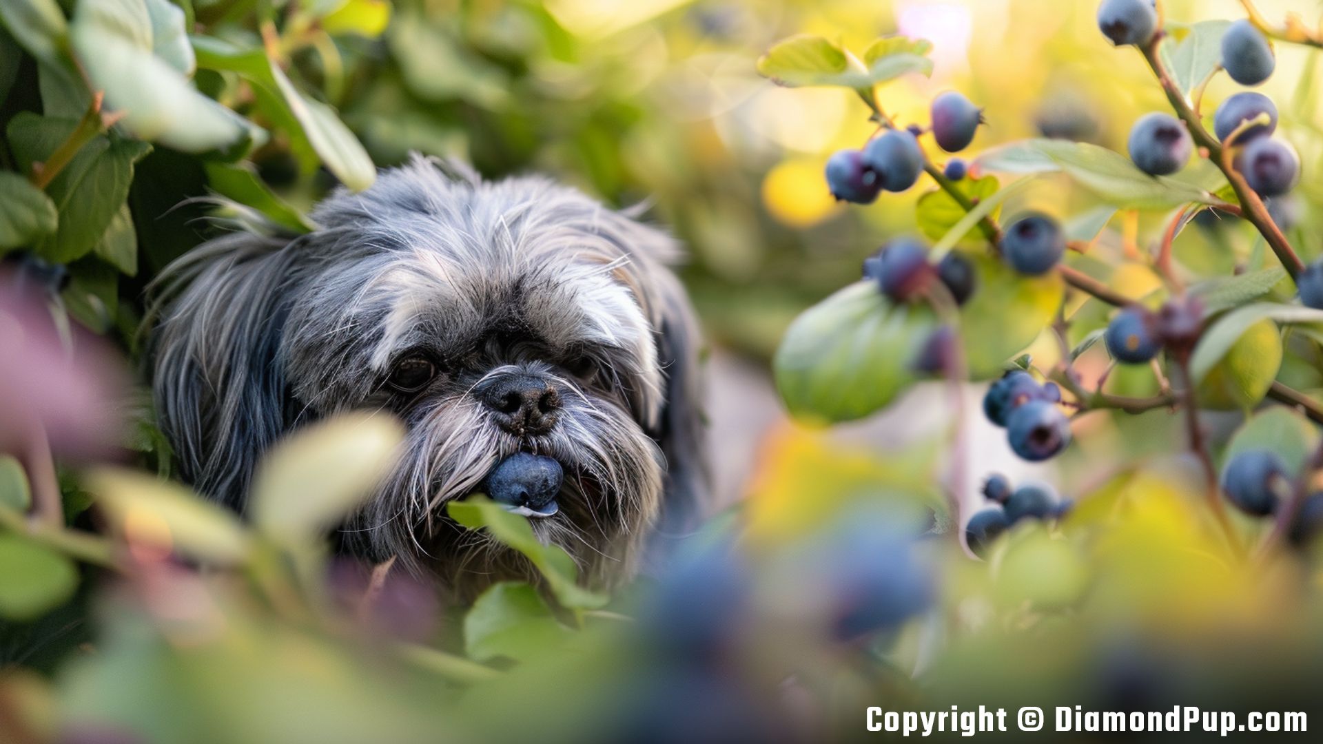 Photograph of a Cute Shih Tzu Eating Blueberries