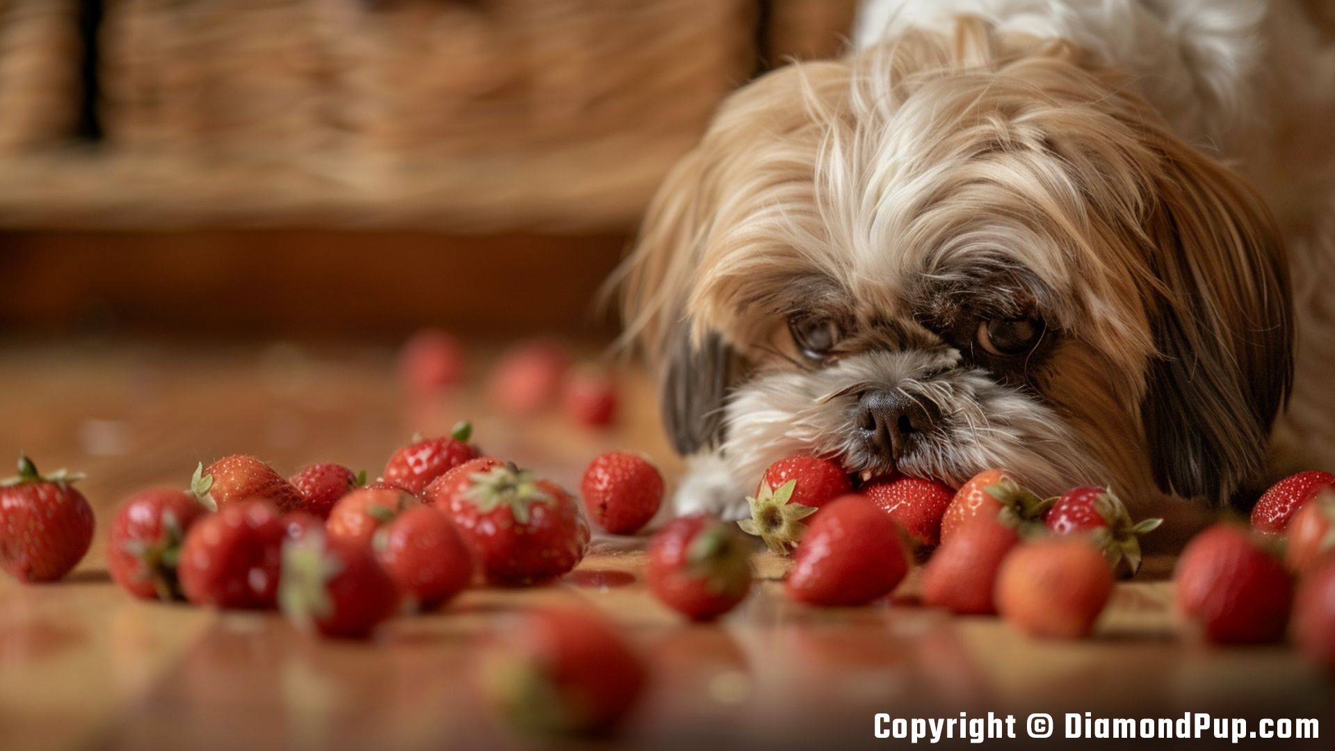 Photograph of a Cute Shih Tzu Eating Strawberries