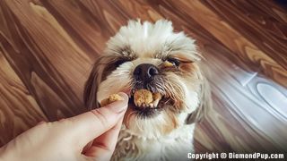 Photograph of a Cute Shih Tzu Snacking on Potato
