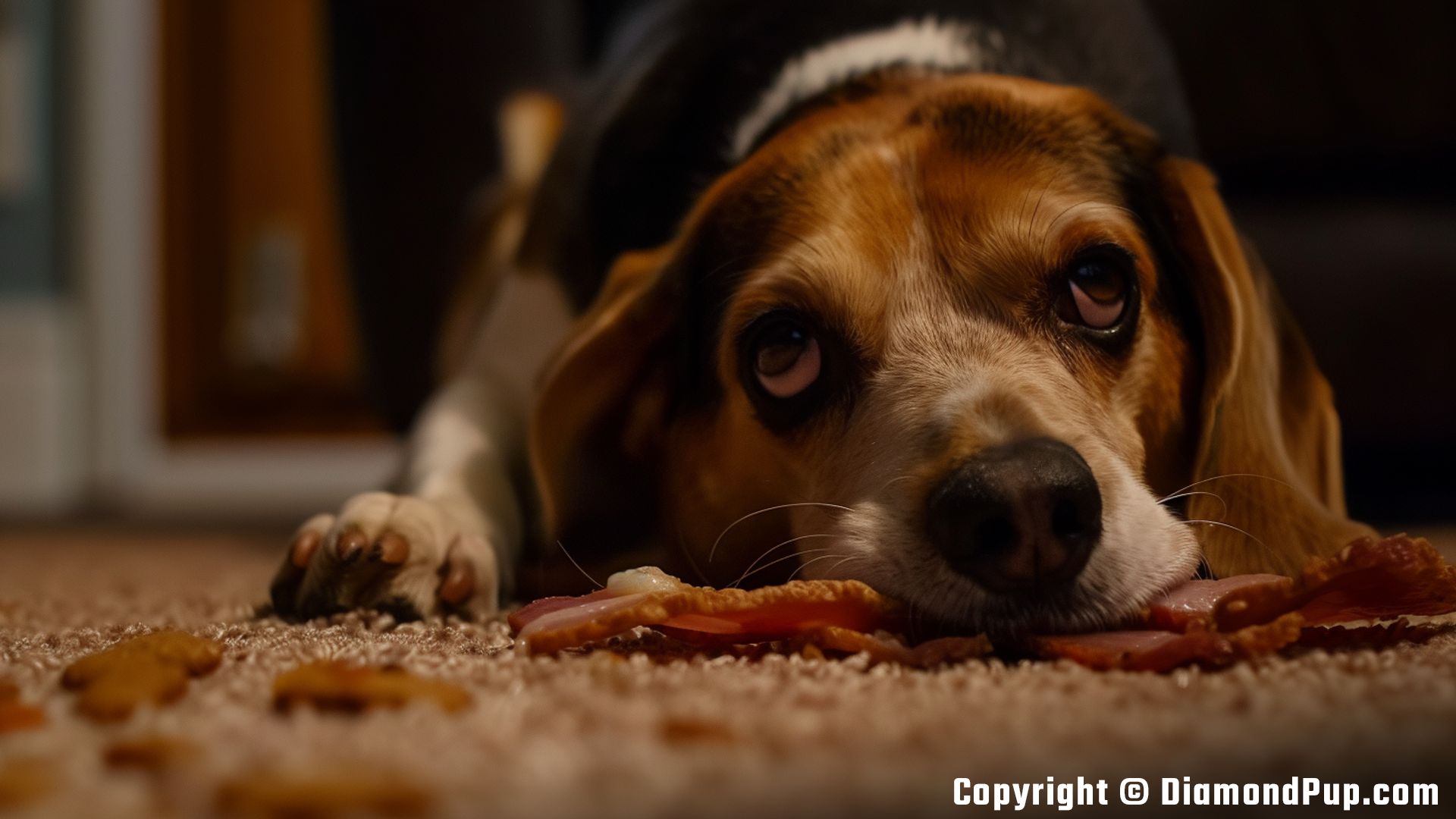 Photograph of a Happy Beagle Eating Bacon