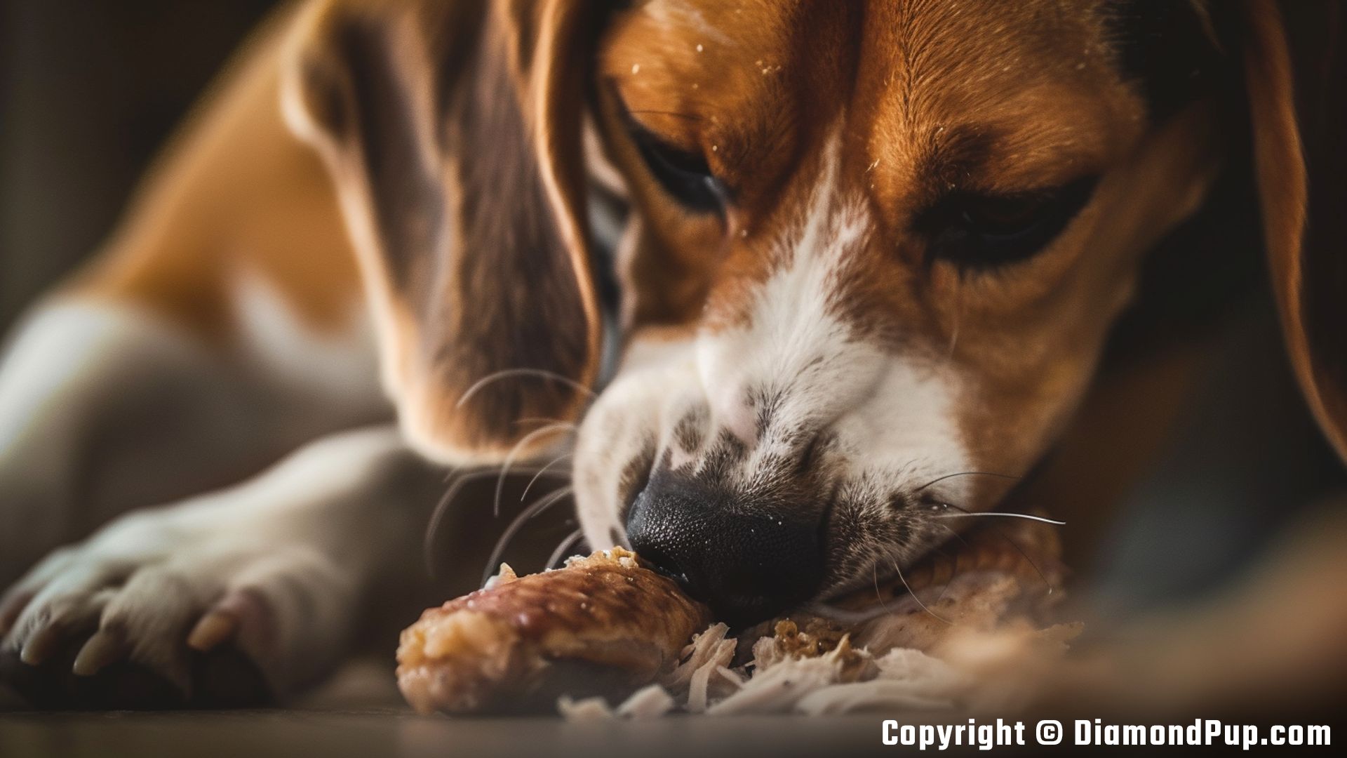 Photograph of a Happy Beagle Eating Chicken