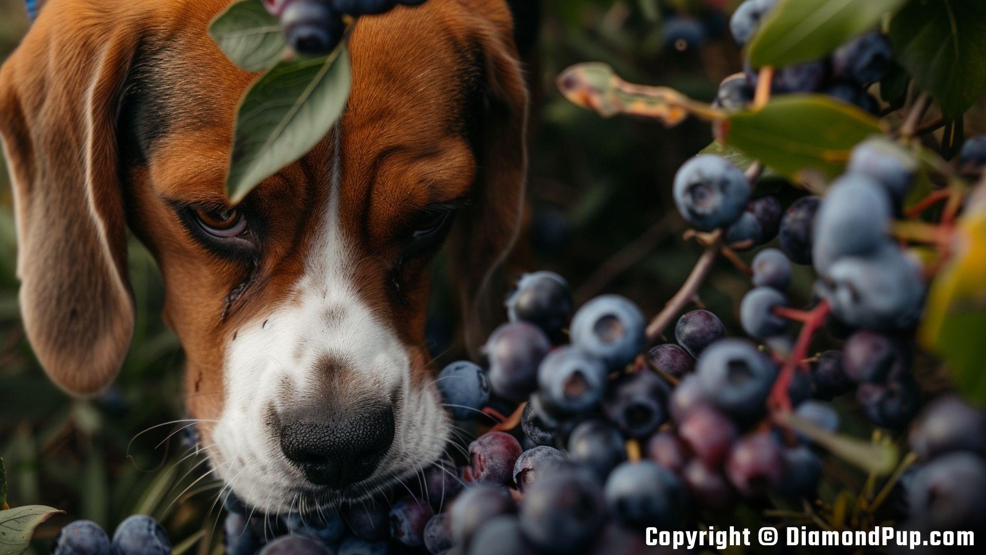 Photograph of a Happy Beagle Snacking on Blueberries