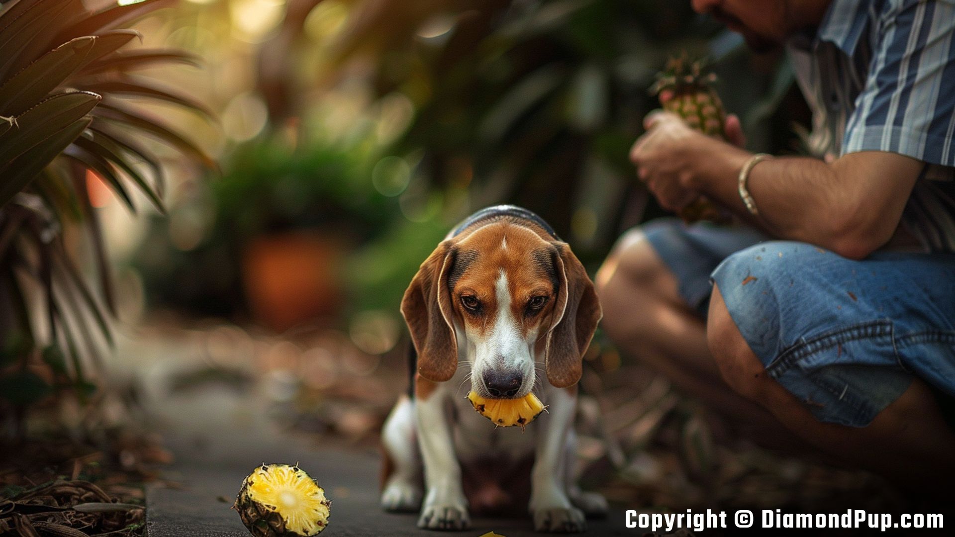 Photograph of a Happy Beagle Snacking on Pineapple