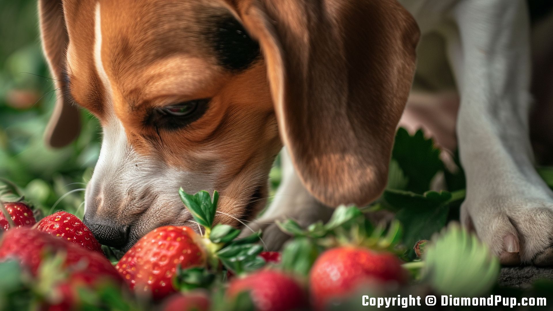 Photograph of a Happy Beagle Snacking on Strawberries