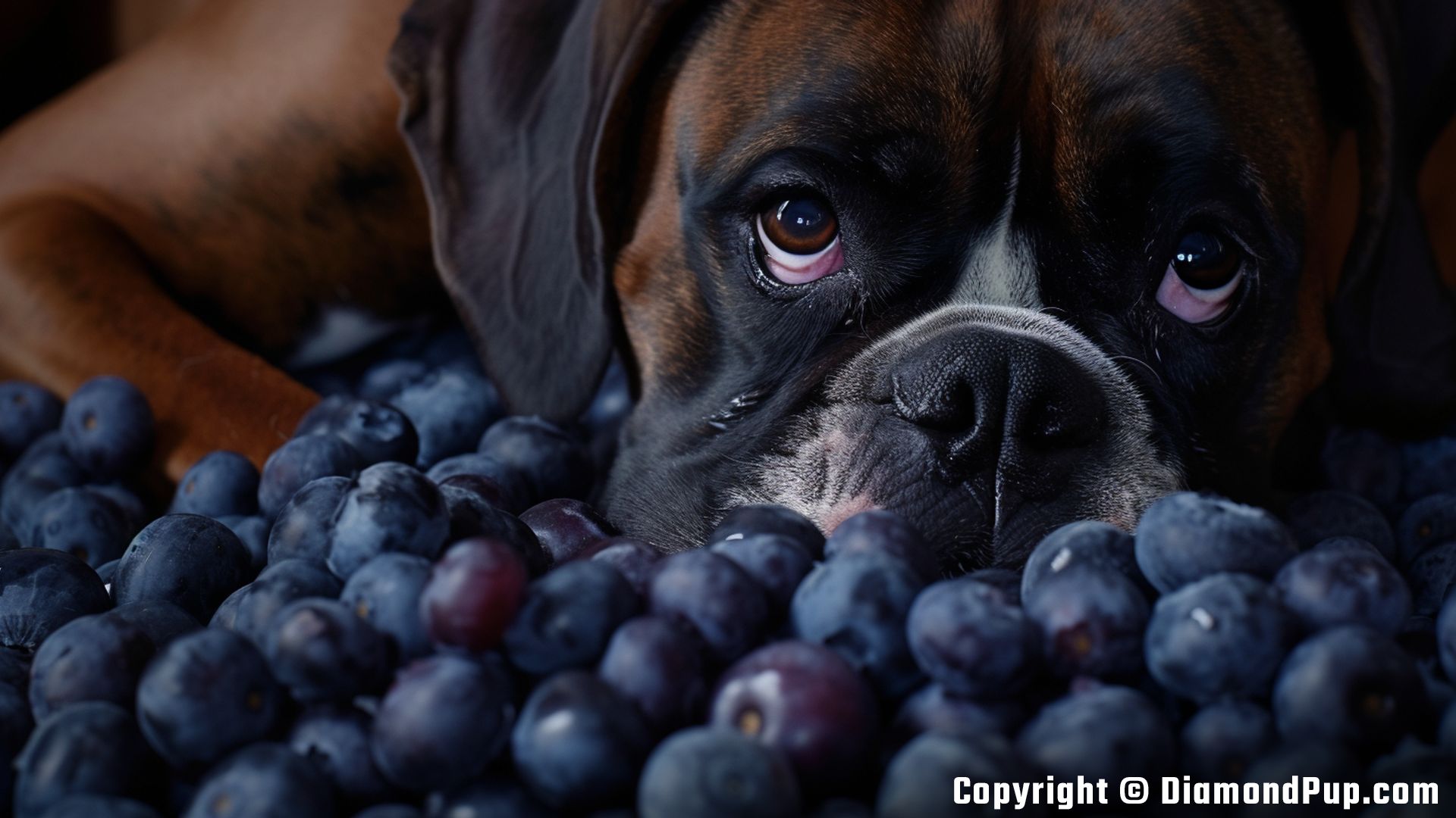Photograph of a Happy Boxer Eating Blueberries