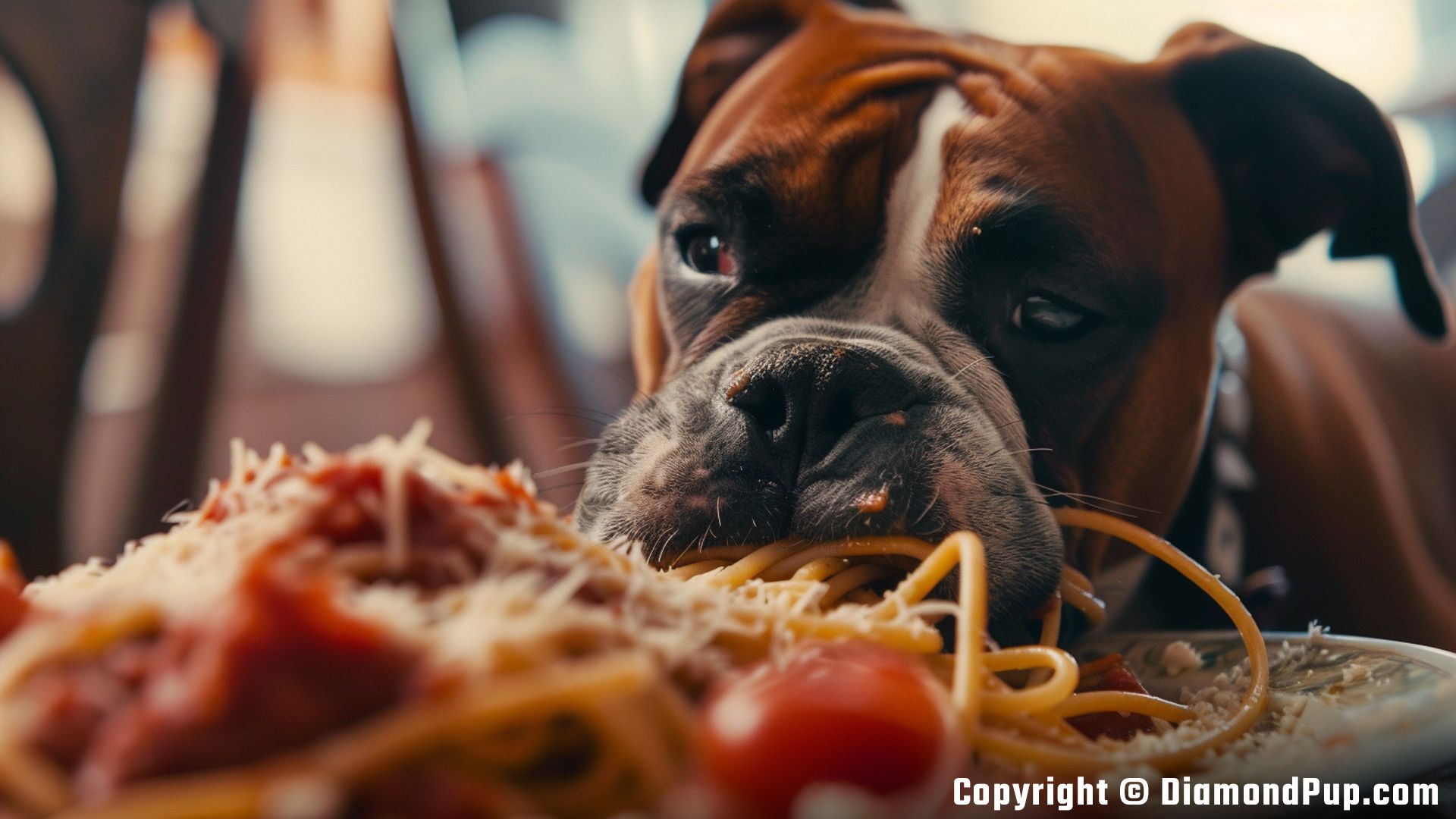 Photograph of a Happy Boxer Eating Pasta