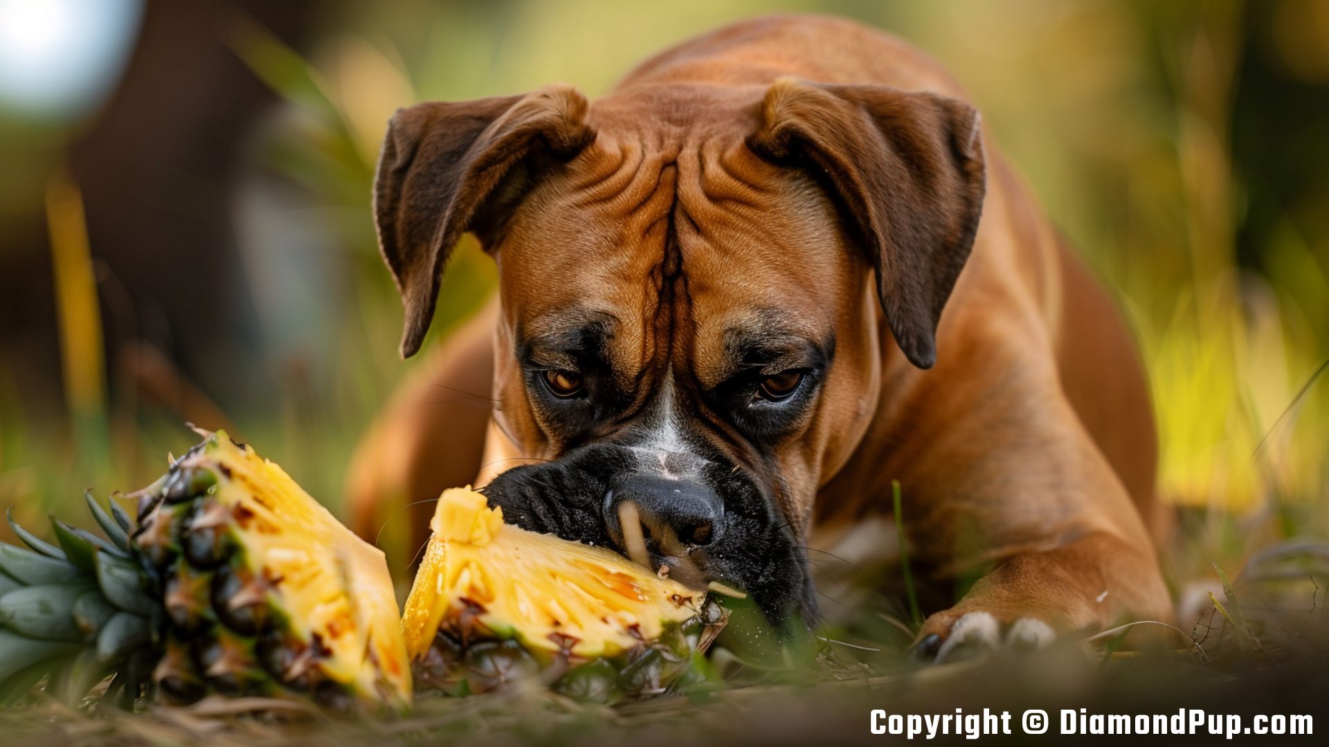 Photograph of a Happy Boxer Eating Pineapple