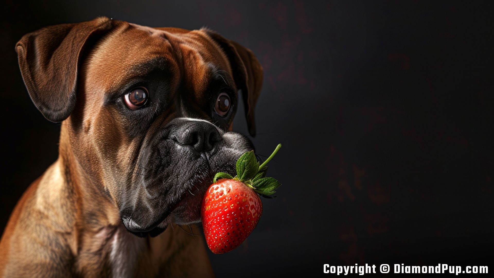 Photograph of a Happy Boxer Eating Strawberries