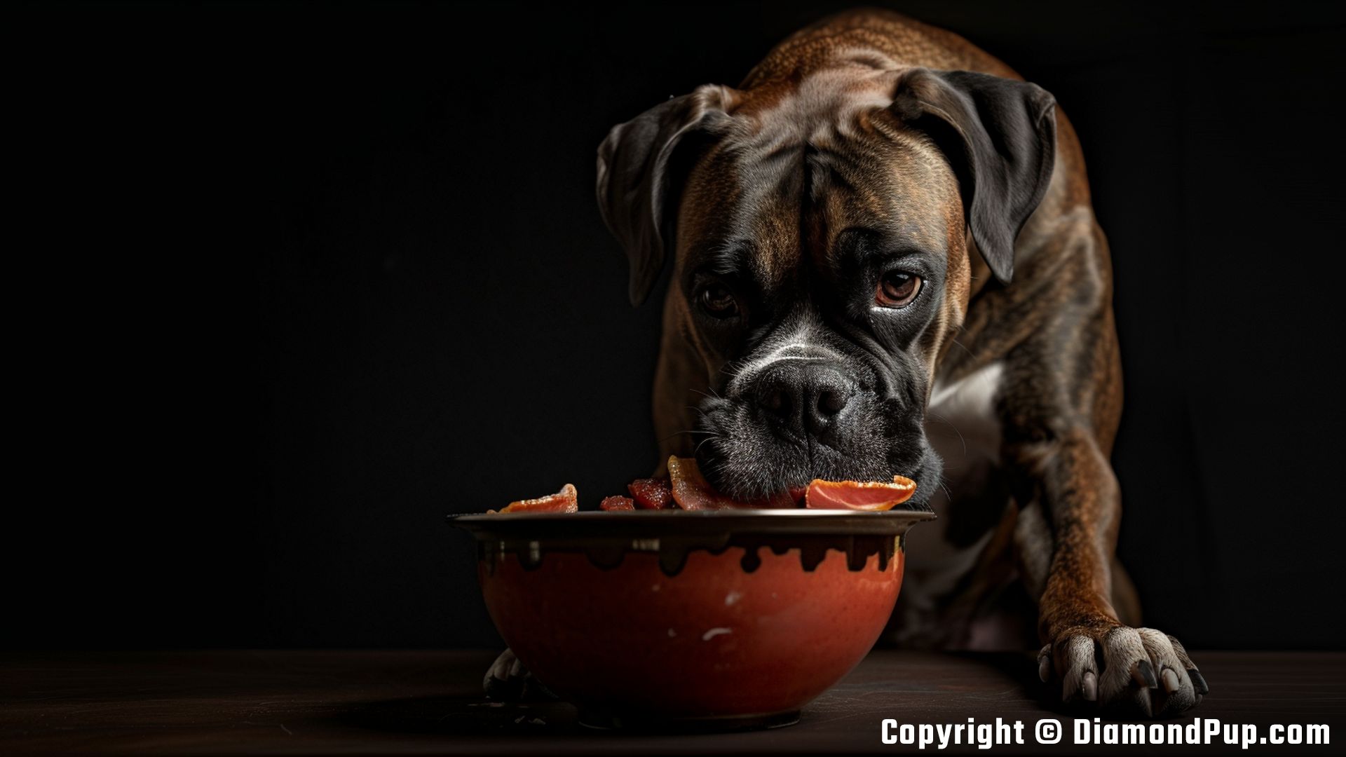 Photograph of a Happy Boxer Snacking on Bacon
