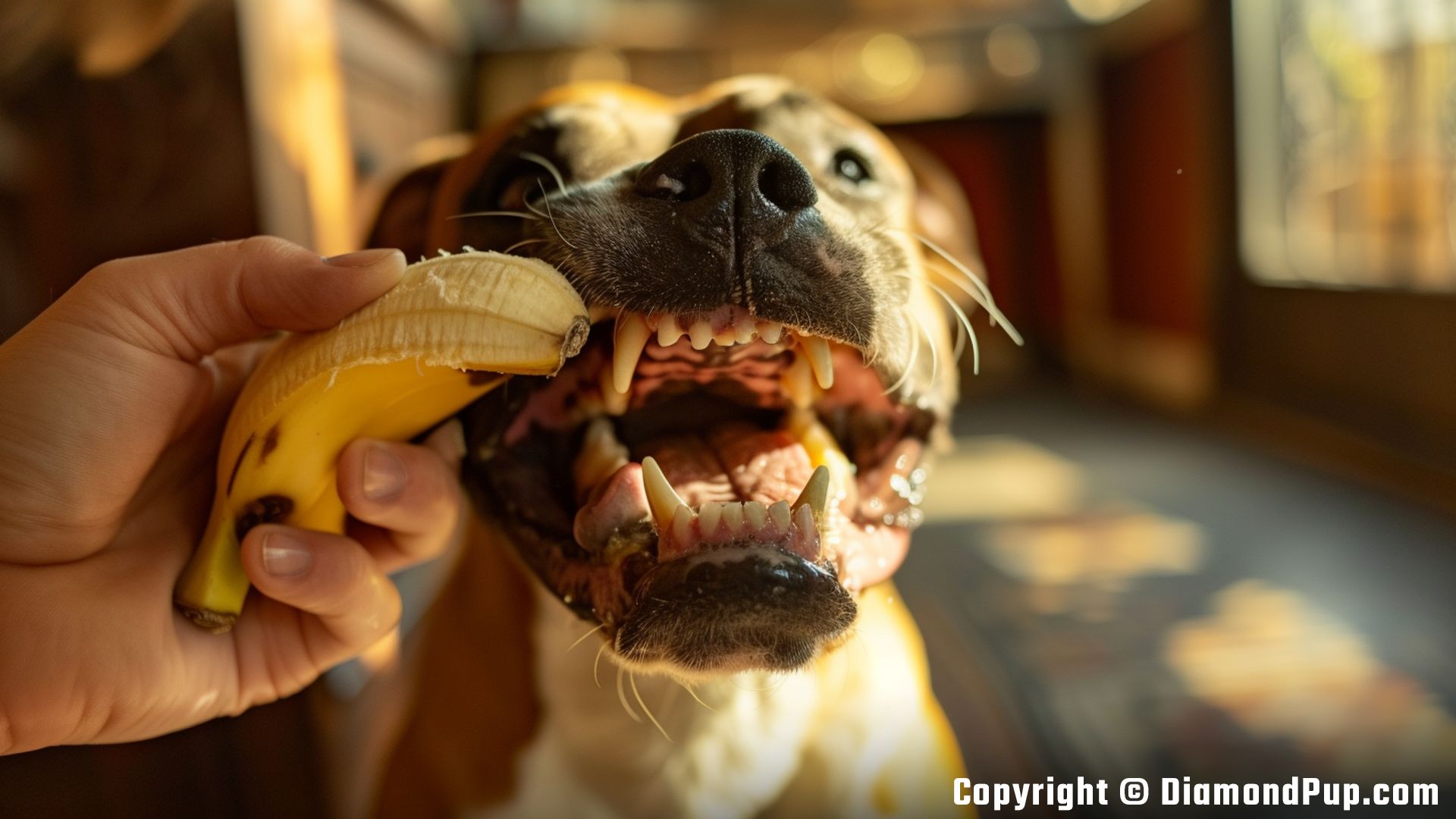 Photograph of a Happy Boxer Snacking on Banana
