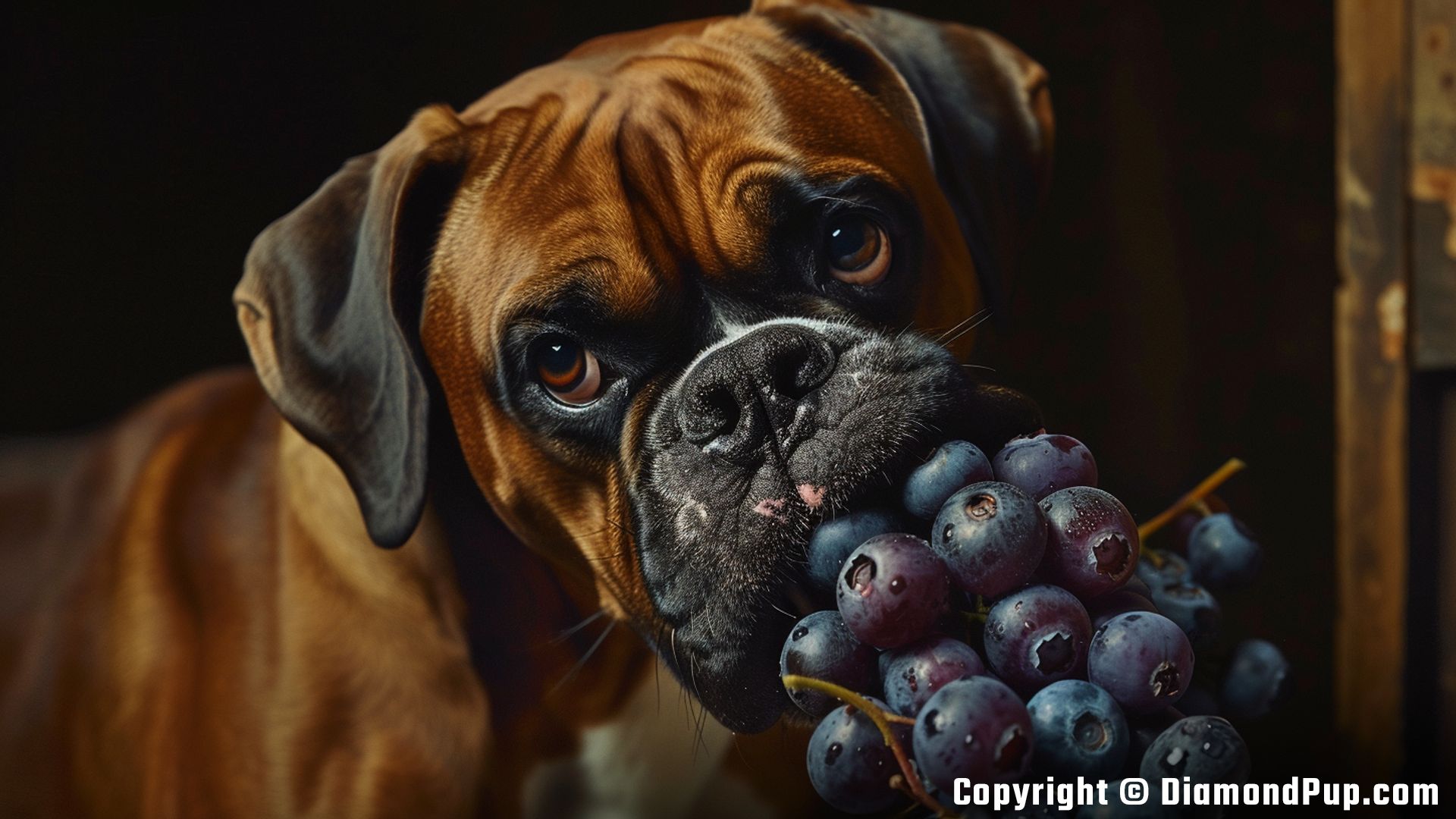 Photograph of a Happy Boxer Snacking on Blueberries