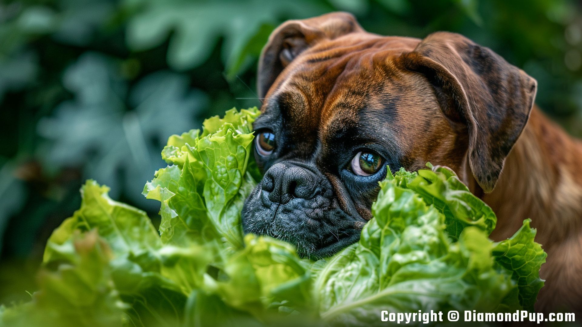 Photograph of a Happy Boxer Snacking on Lettuce