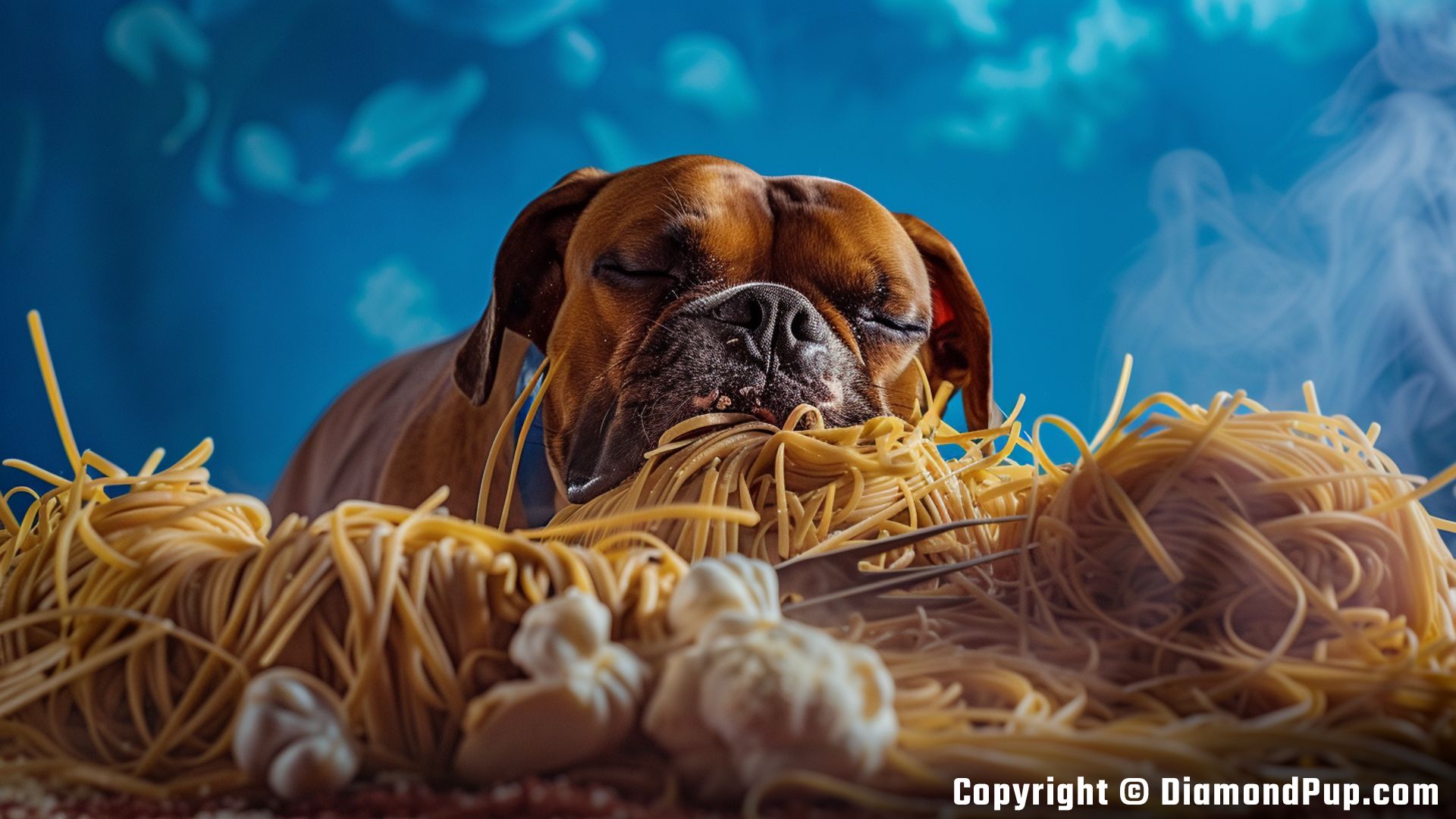 Photograph of a Happy Boxer Snacking on Pasta