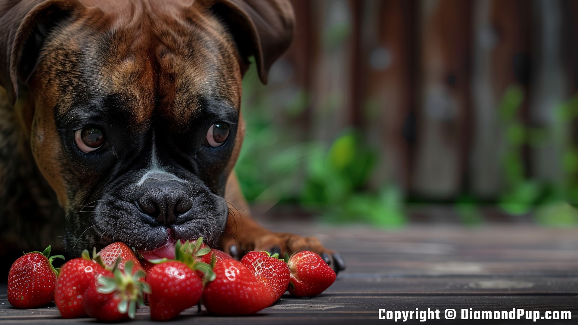 Photograph of a Happy Boxer Snacking on Strawberries