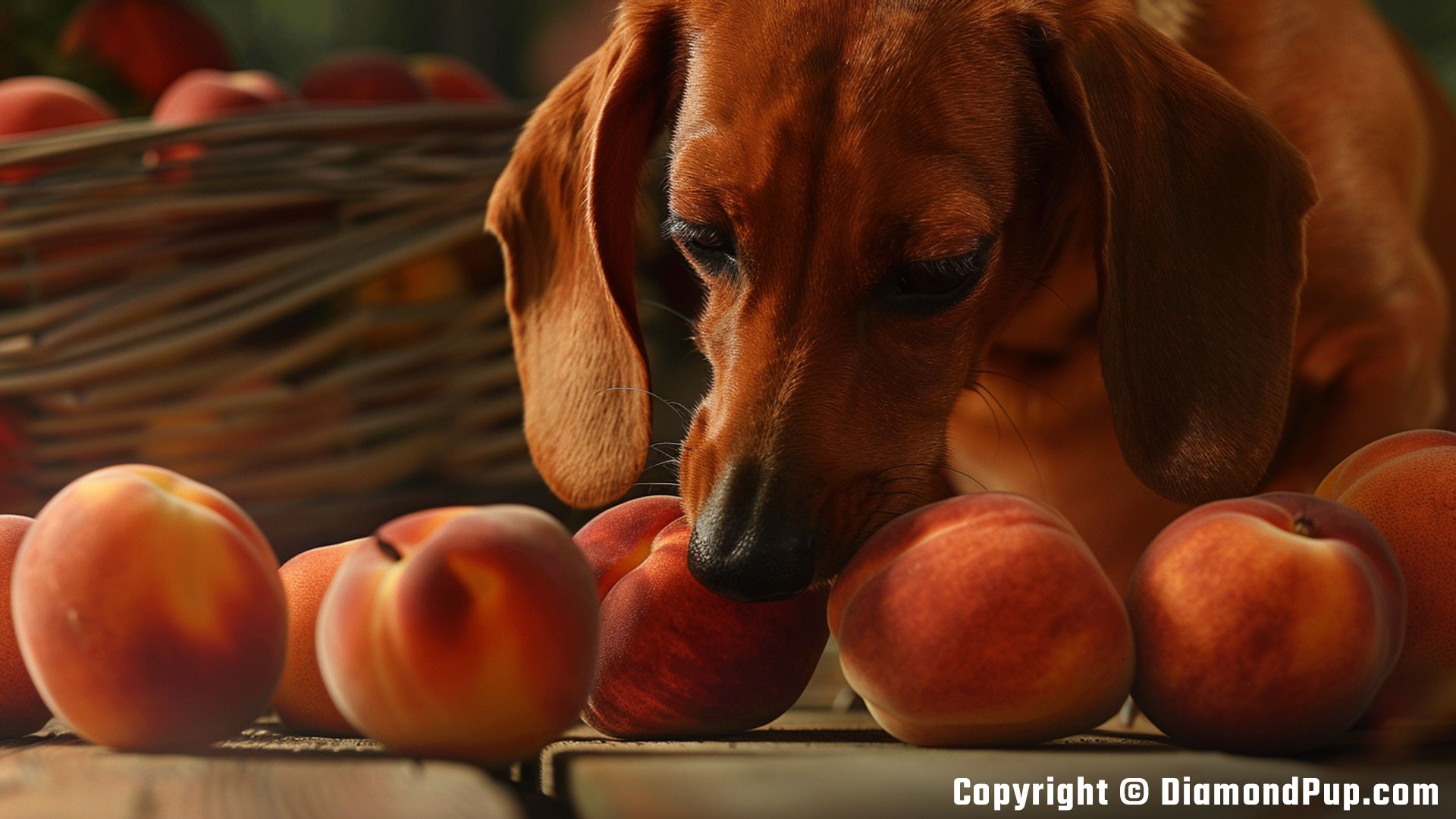 Photograph of a Happy Dachshund Eating Peaches