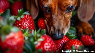 Photograph of a Happy Dachshund Eating Strawberries