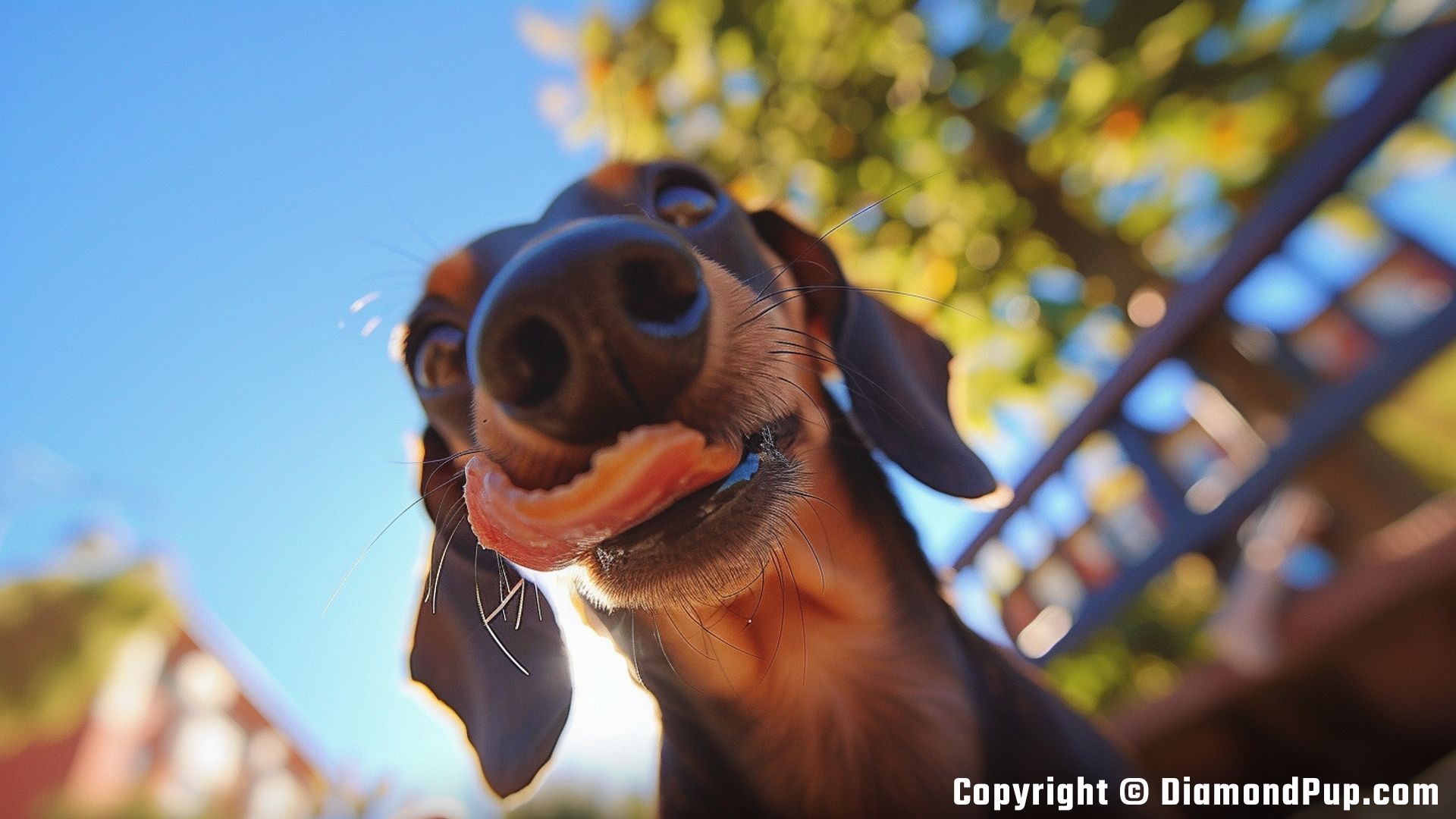 Photograph of a Happy Dachshund Snacking on Bacon