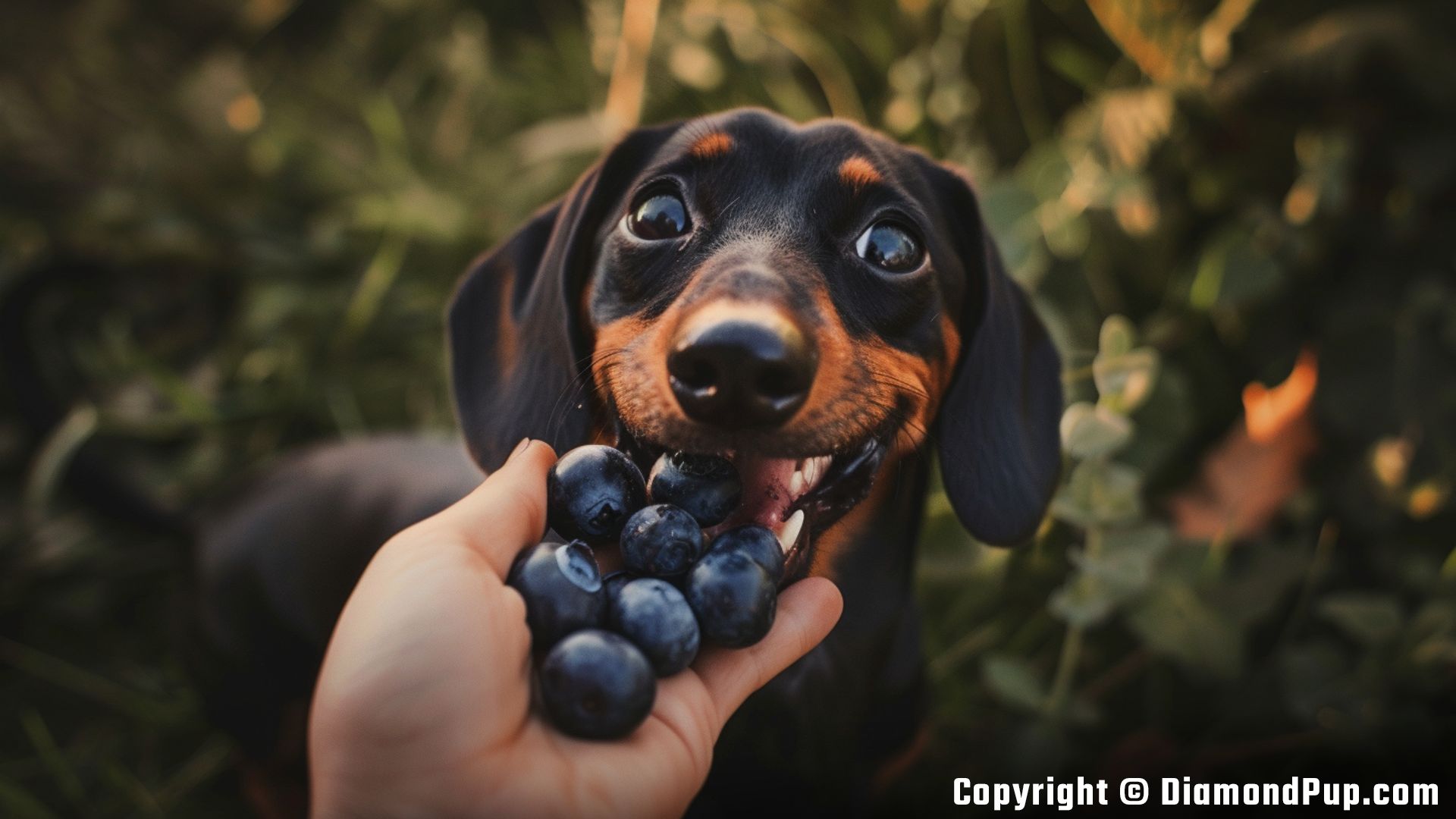 Photograph of a Happy Dachshund Snacking on Blueberries