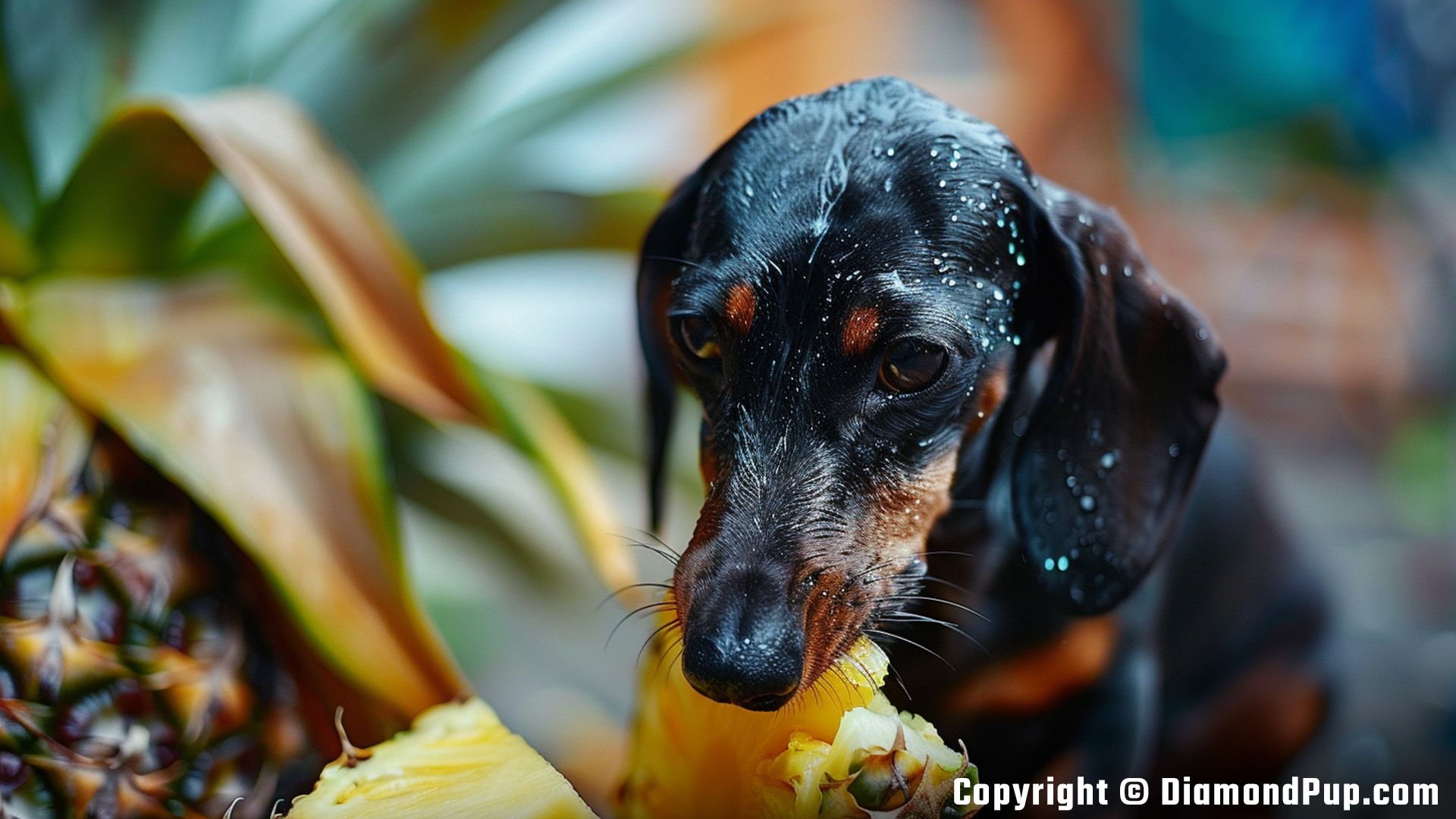 Photograph of a Happy Dachshund Snacking on Pineapple