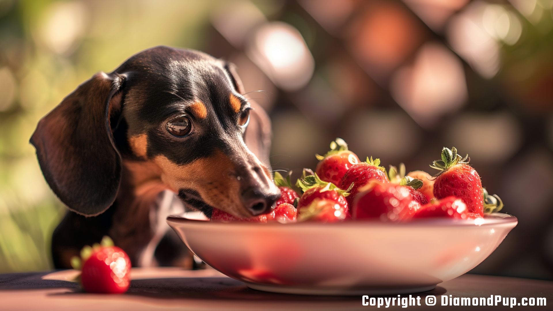 Photograph of a Happy Dachshund Snacking on Strawberries