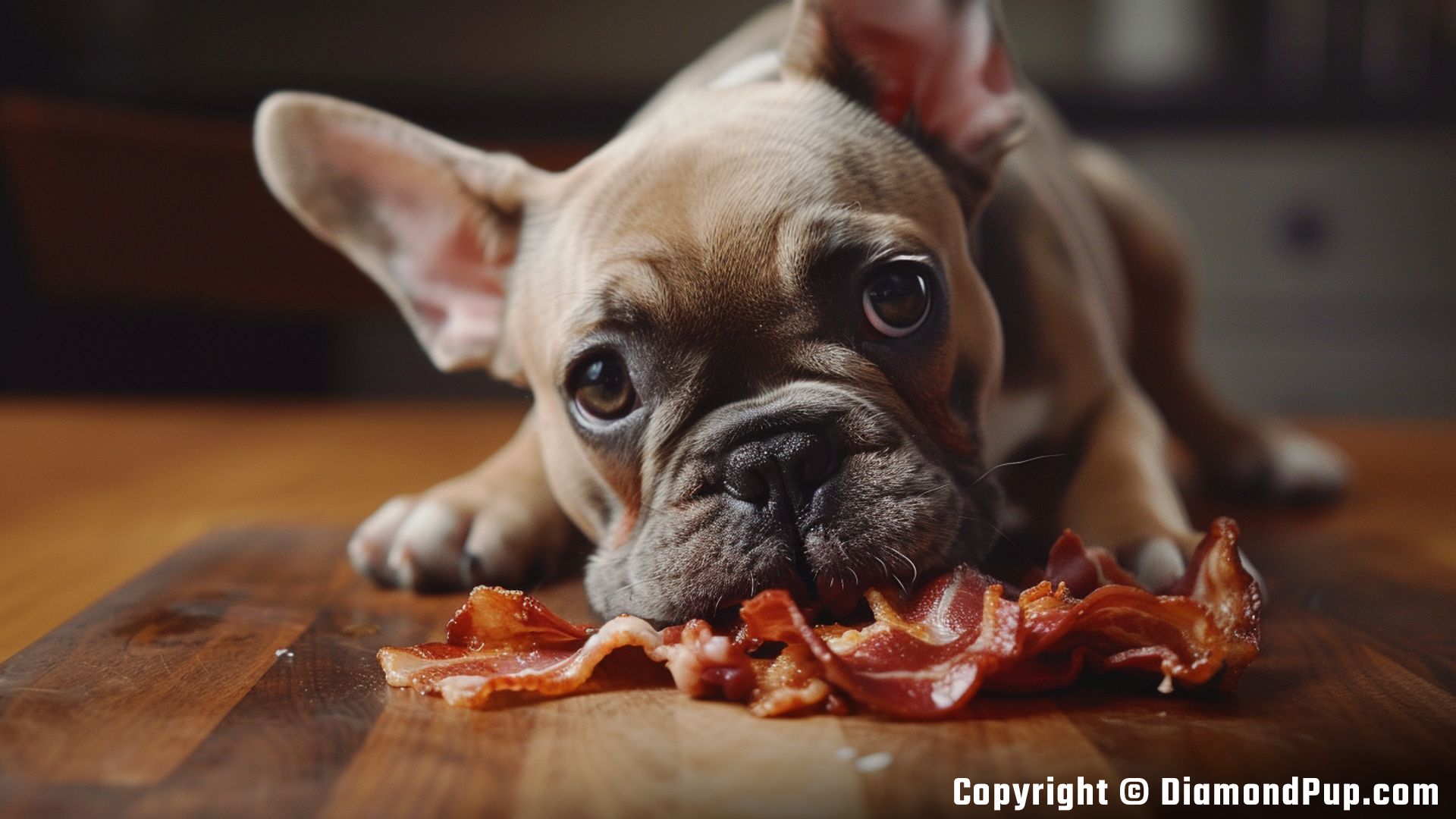 Photograph of a Happy French Bulldog Eating Bacon