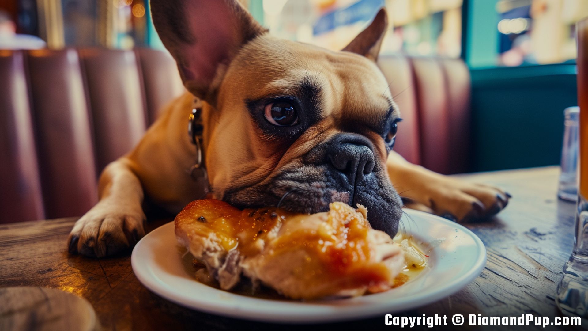 Photograph of a Happy French Bulldog Eating Chicken