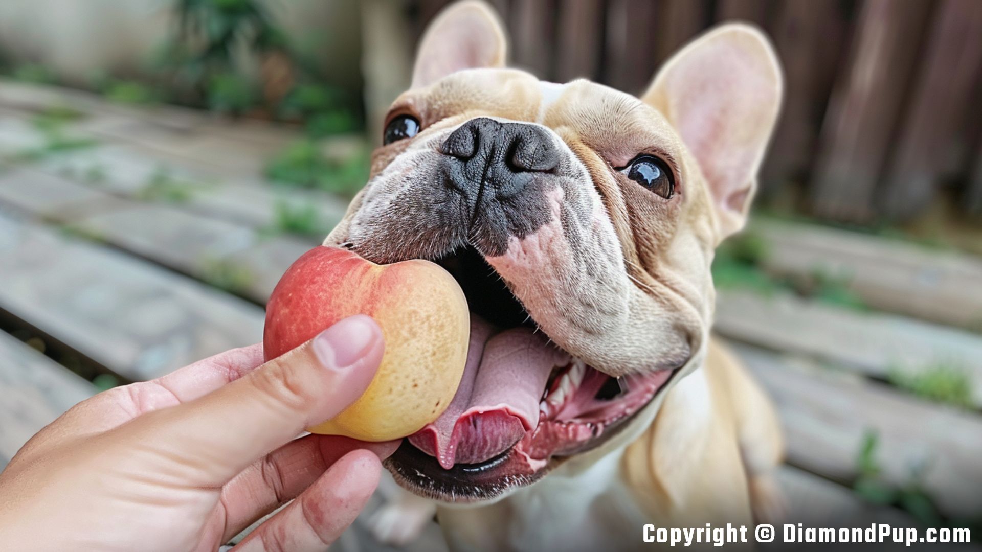 Photograph of a Happy French Bulldog Eating Peaches