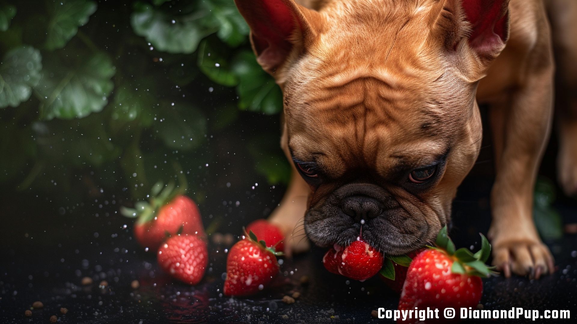 Photograph of a Happy French Bulldog Eating Strawberries