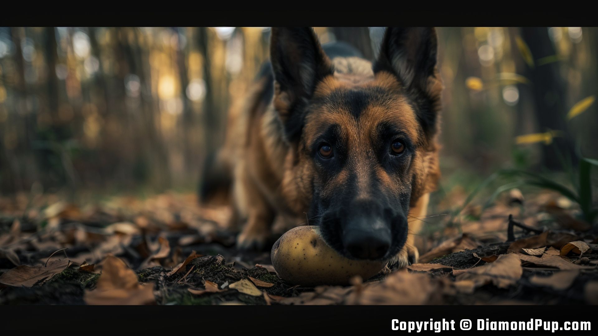 Photograph of a Happy German Shepherd Eating Potato