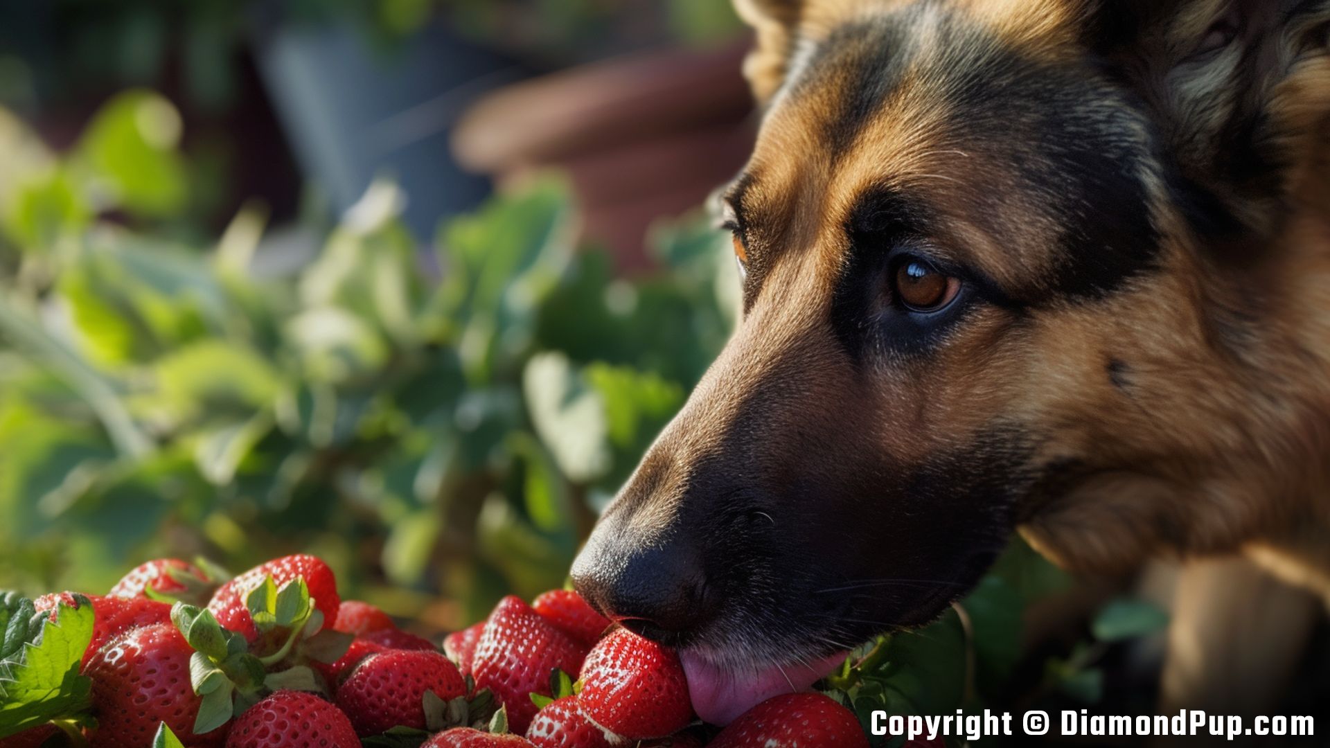 Photograph of a Happy German Shepherd Eating Strawberries