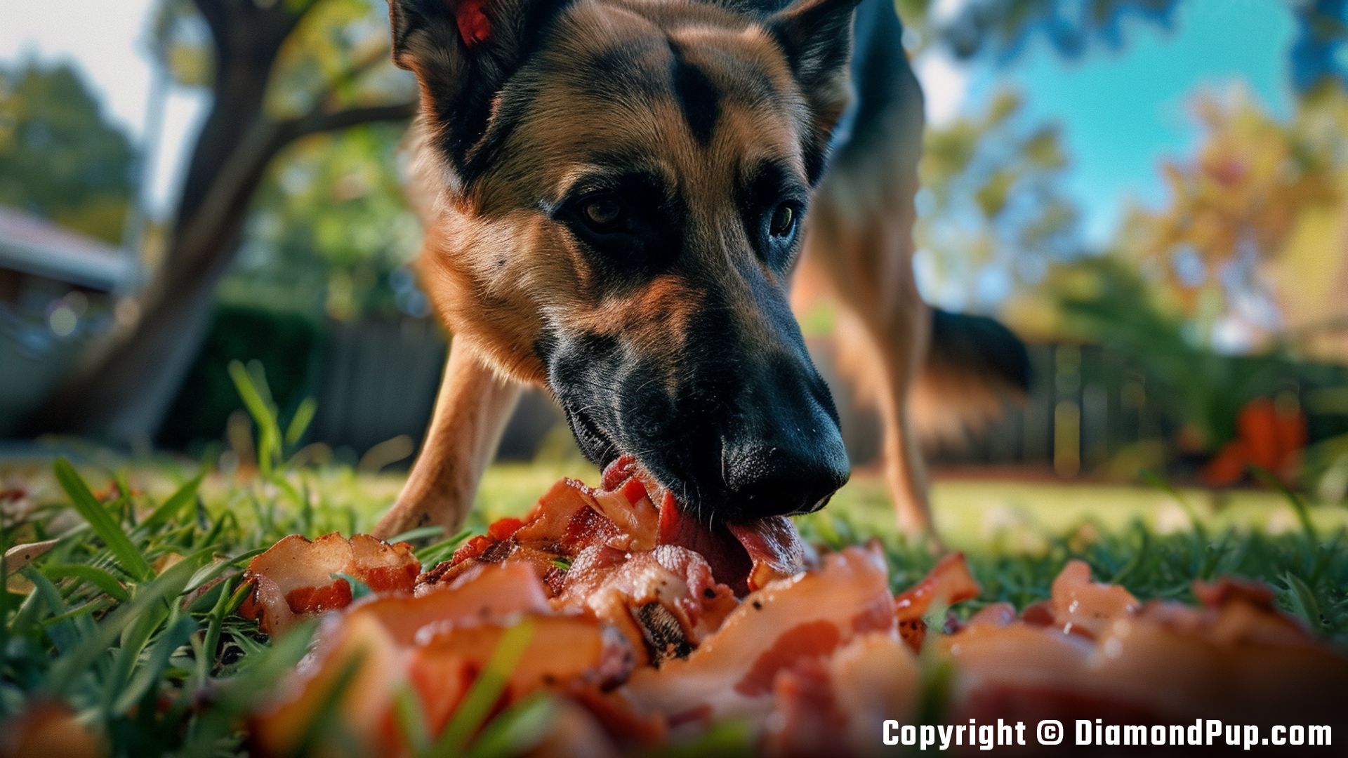 Photograph of a Happy German Shepherd Snacking on Bacon