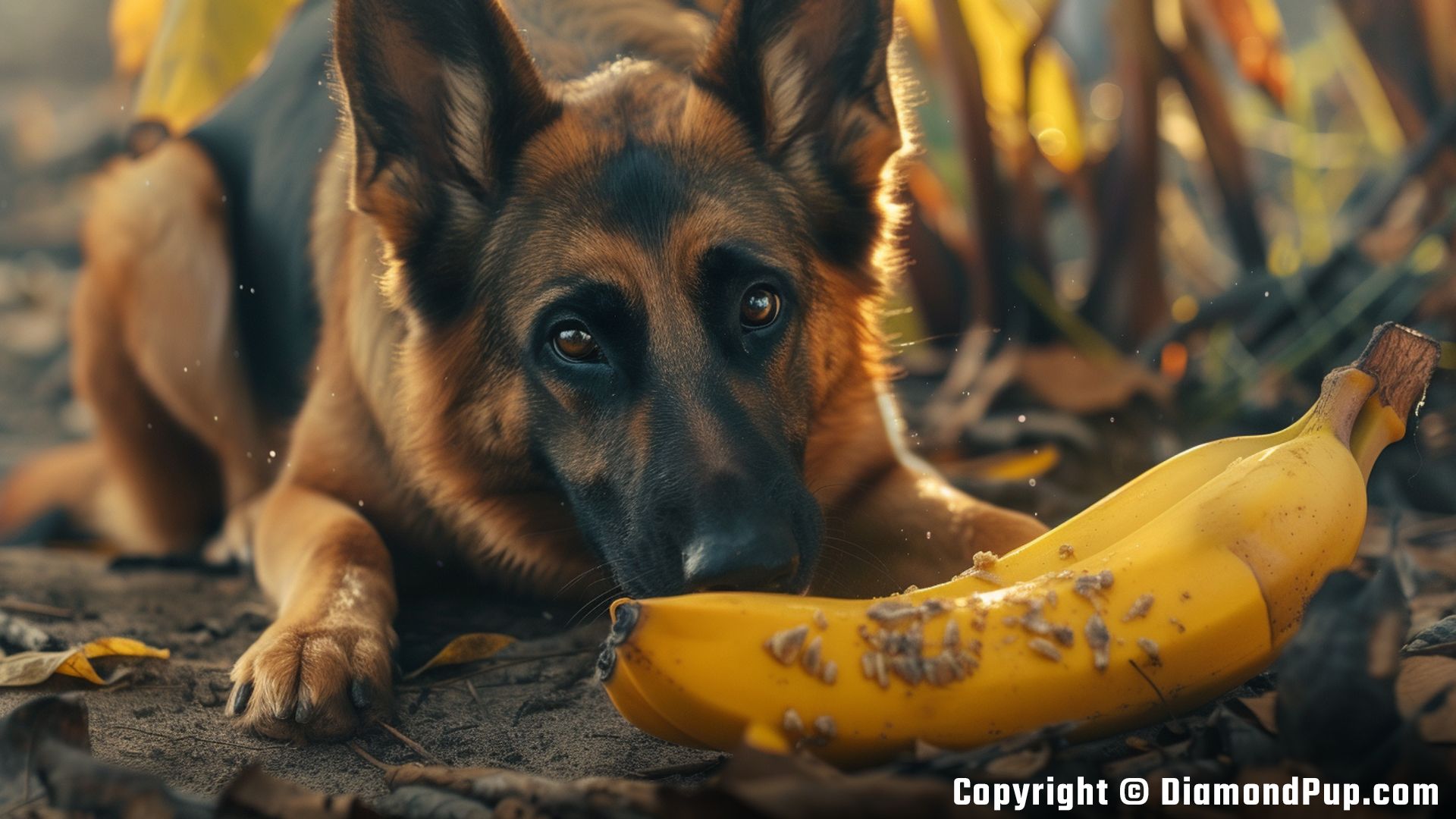 Photograph of a Happy German Shepherd Snacking on Banana