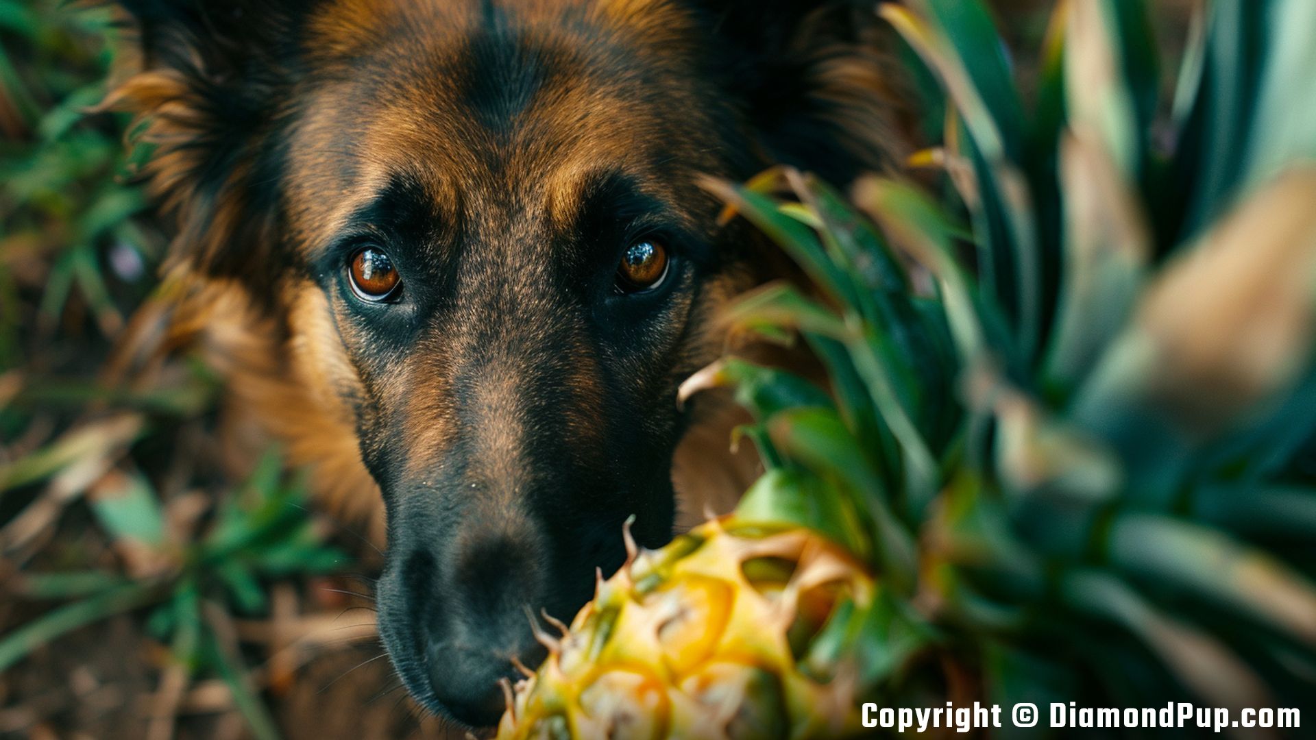 Photograph of a Happy German Shepherd Snacking on Pineapple