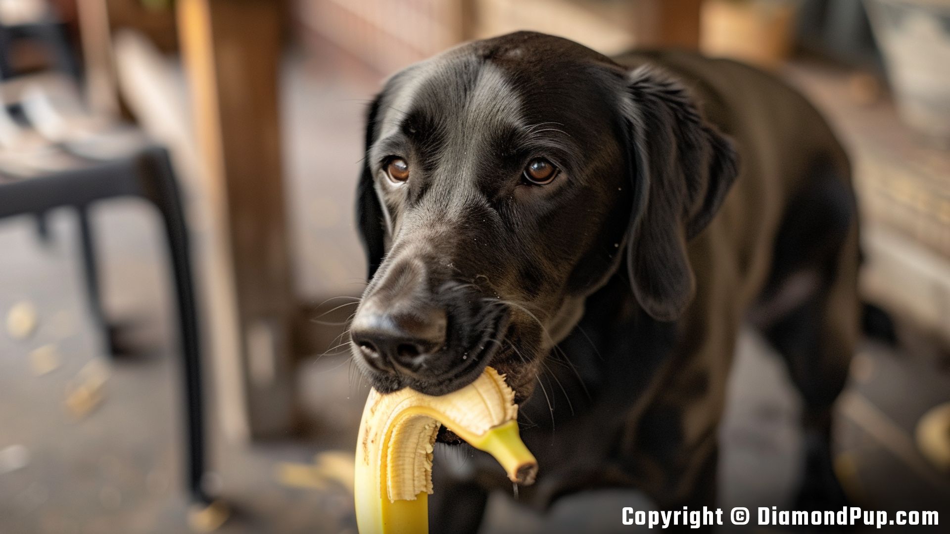 Photograph of a Happy Labrador Eating Banana