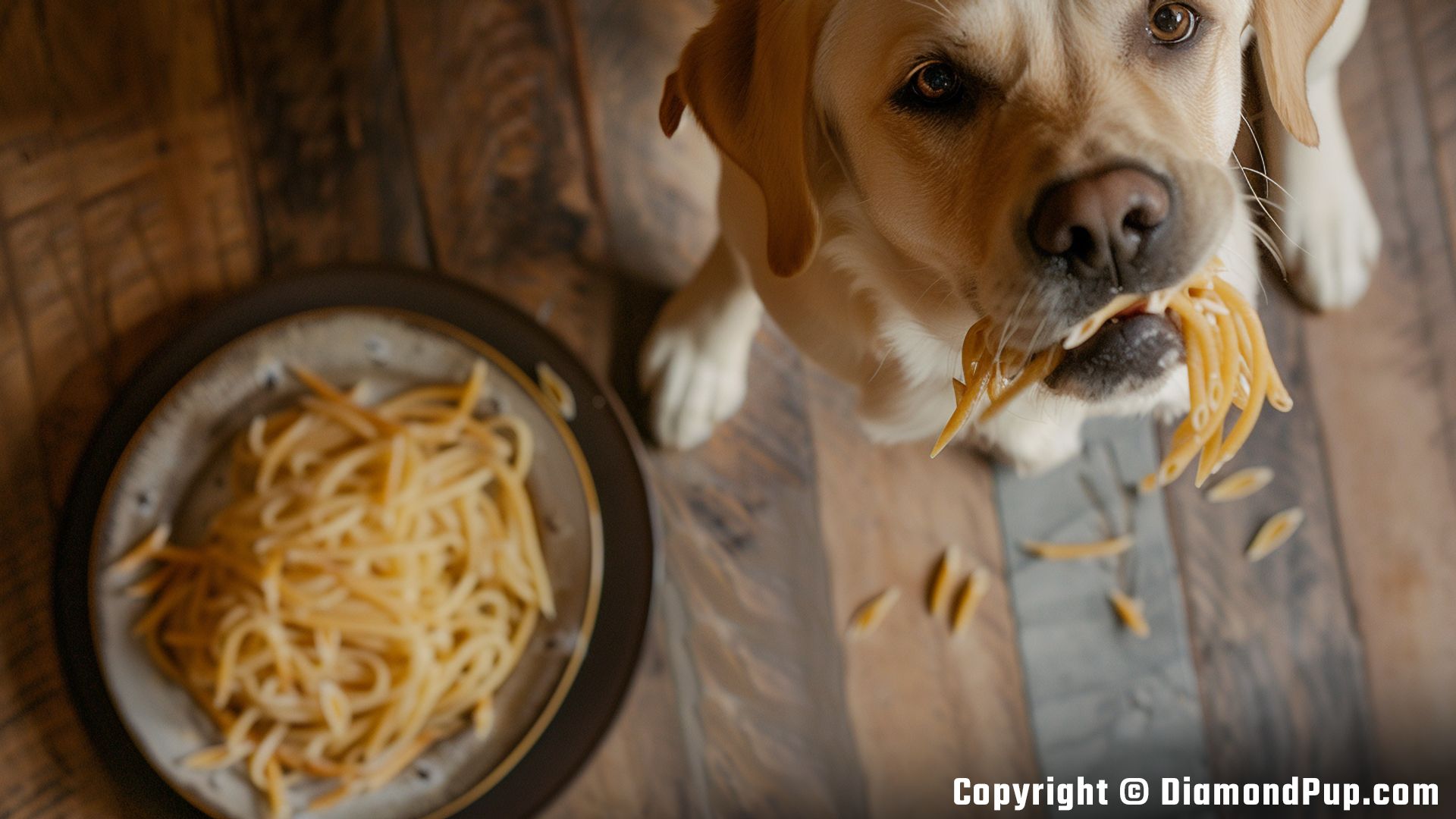 Photograph of a Happy Labrador Eating Pasta