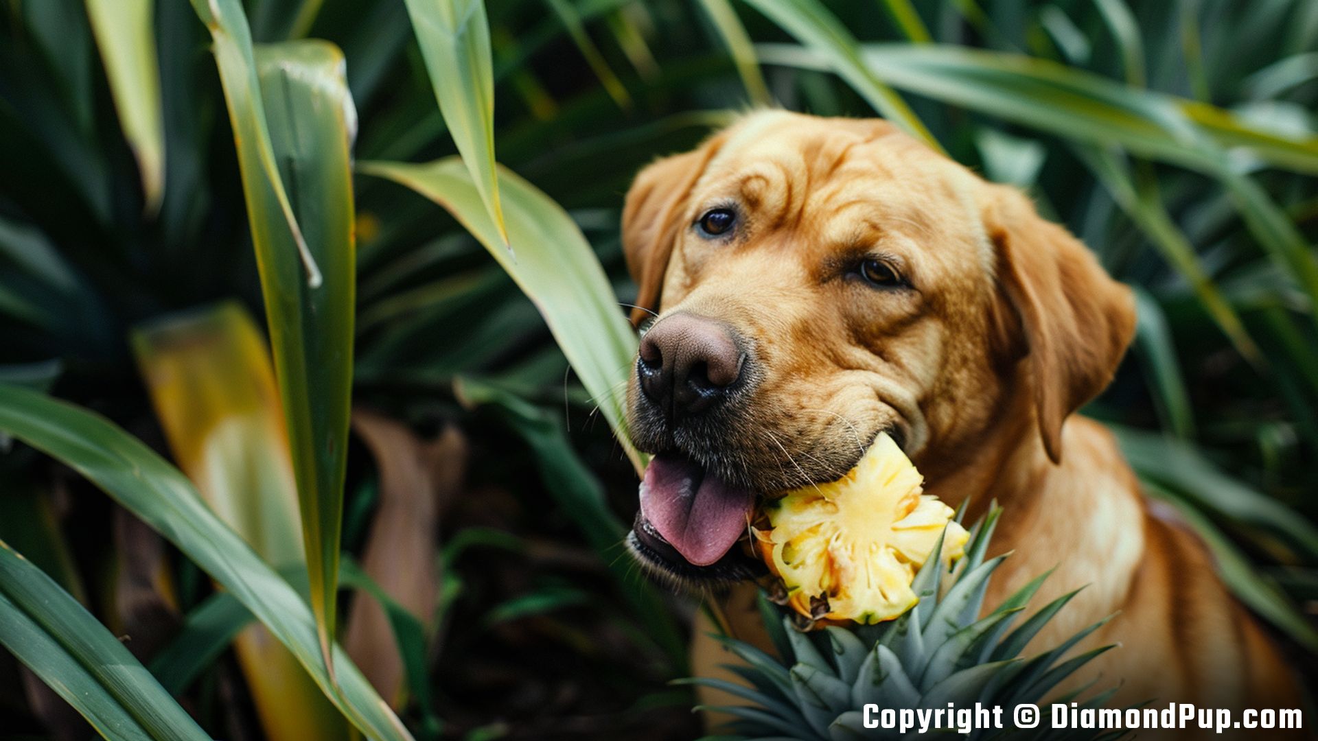 Photograph of a Happy Labrador Eating Pineapple