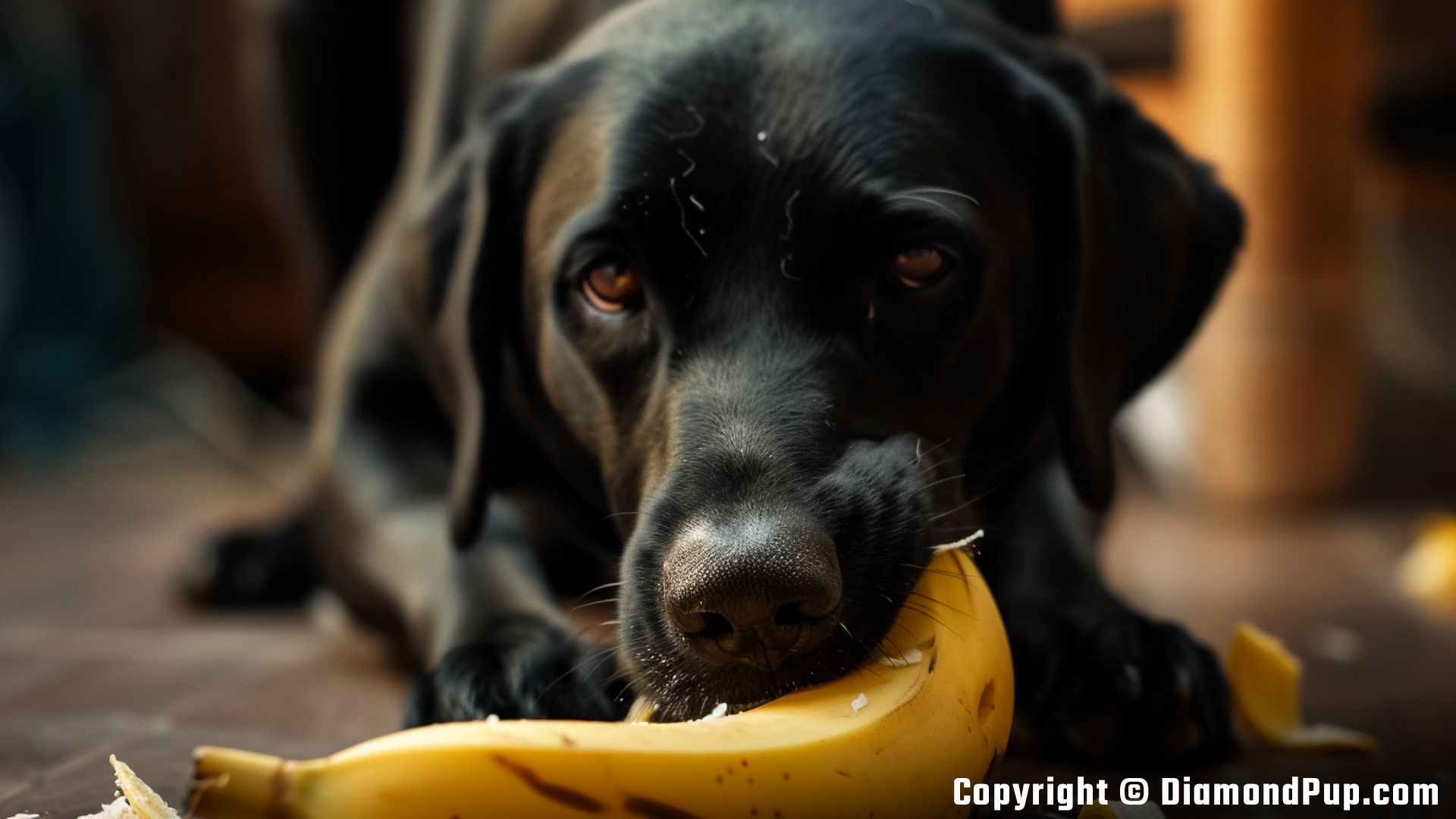 Photograph of a Happy Labrador Snacking on Banana
