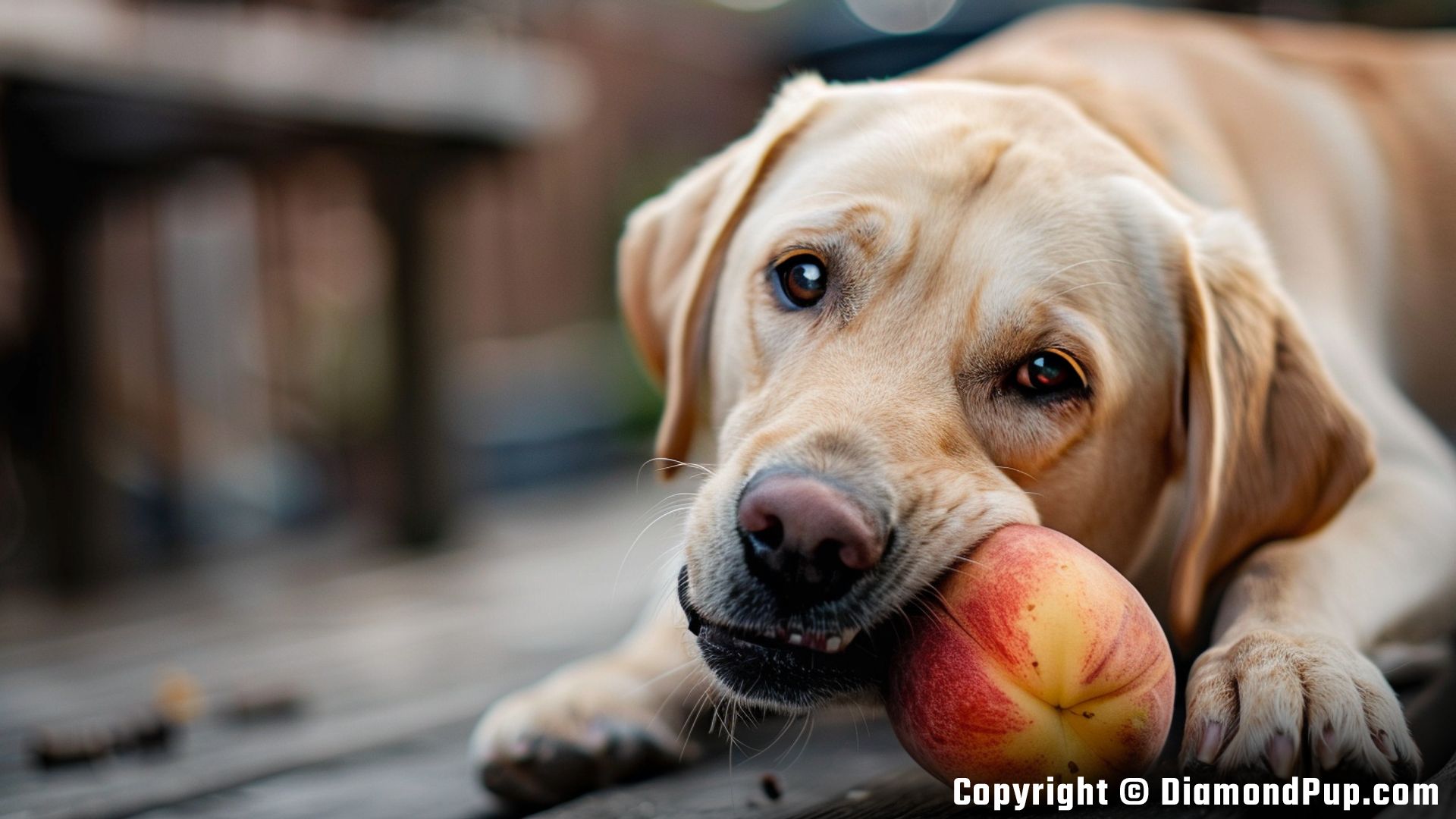 Photograph of a Happy Labrador Snacking on Peaches
