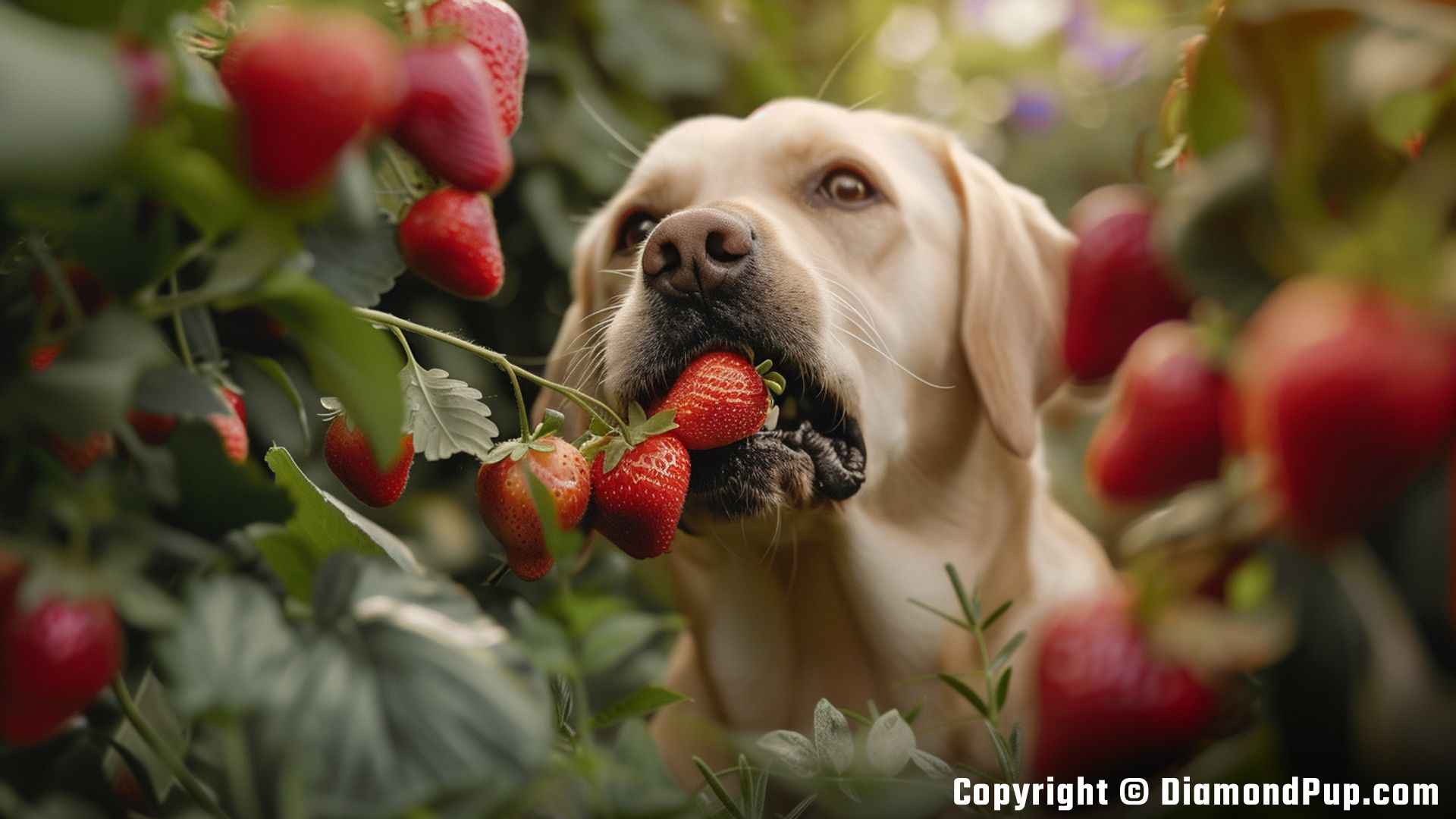 Photograph of a Happy Labrador Snacking on Strawberries