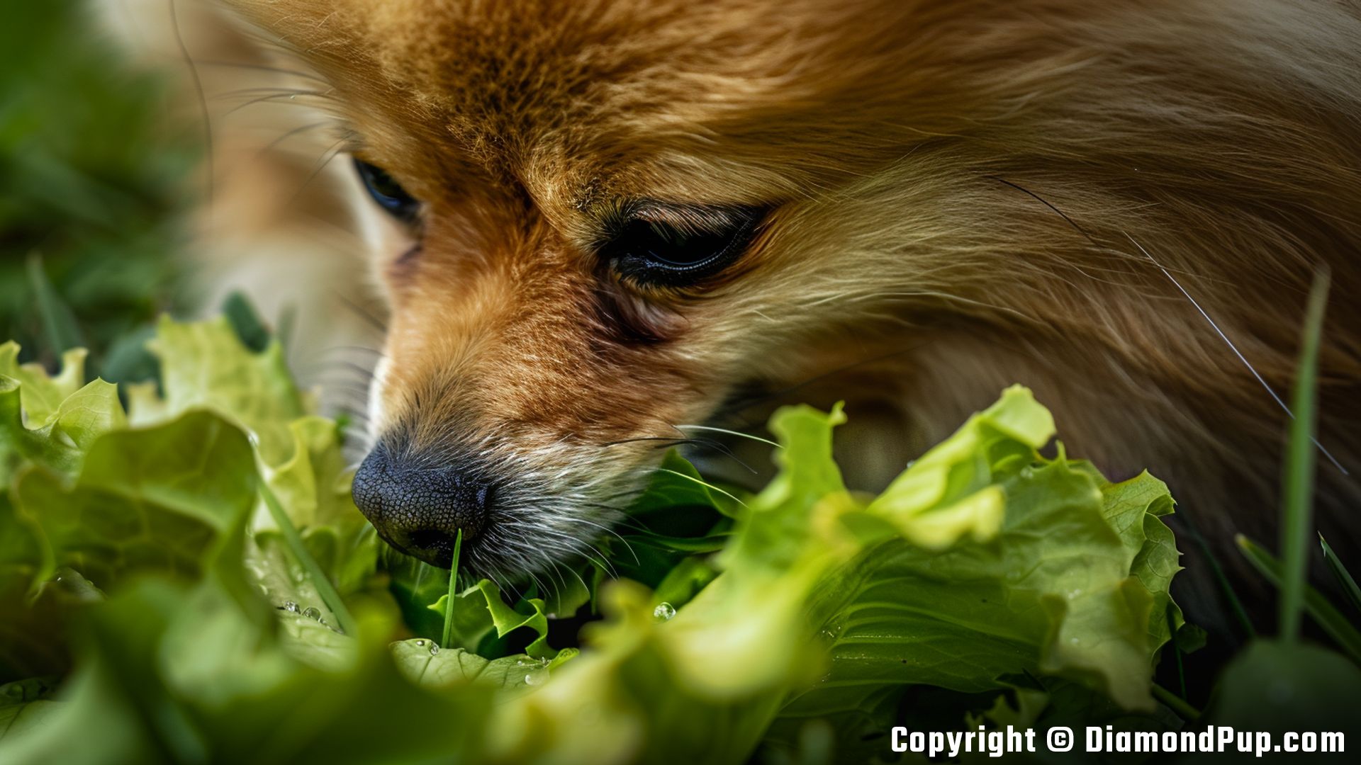 Photograph of a Happy Pomeranian Eating Lettuce