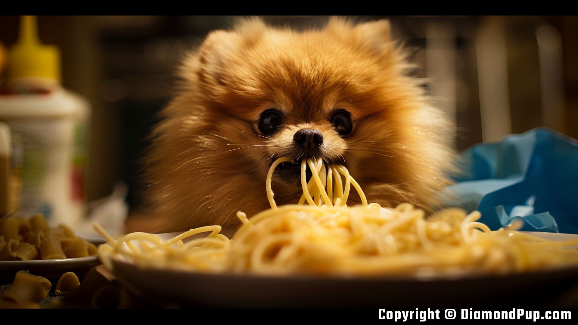 Photograph of a Happy Pomeranian Eating Pasta