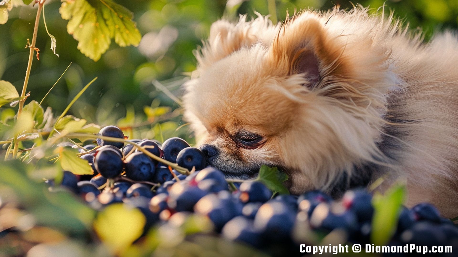Photograph of a Happy Pomeranian Snacking on Blueberries