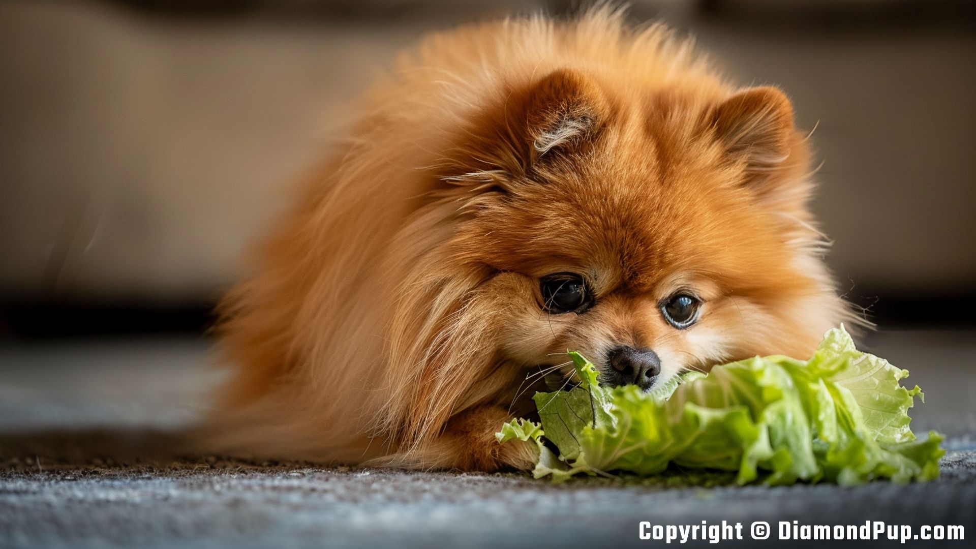 Photograph of a Happy Pomeranian Snacking on Lettuce