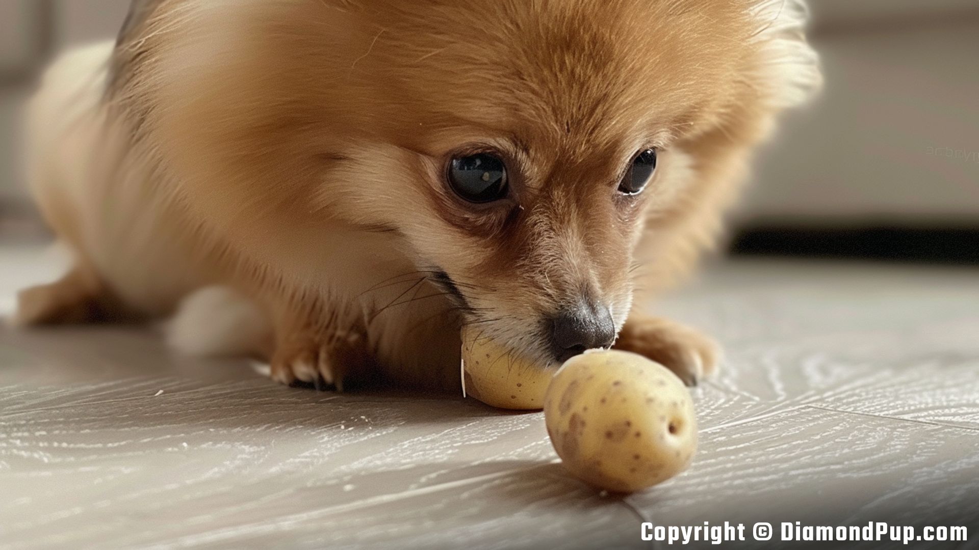 Photograph of a Happy Pomeranian Snacking on Potato
