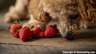 Photograph of a Happy Poodle Snacking on Strawberries