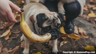 Photograph of a Happy Pug Eating Banana