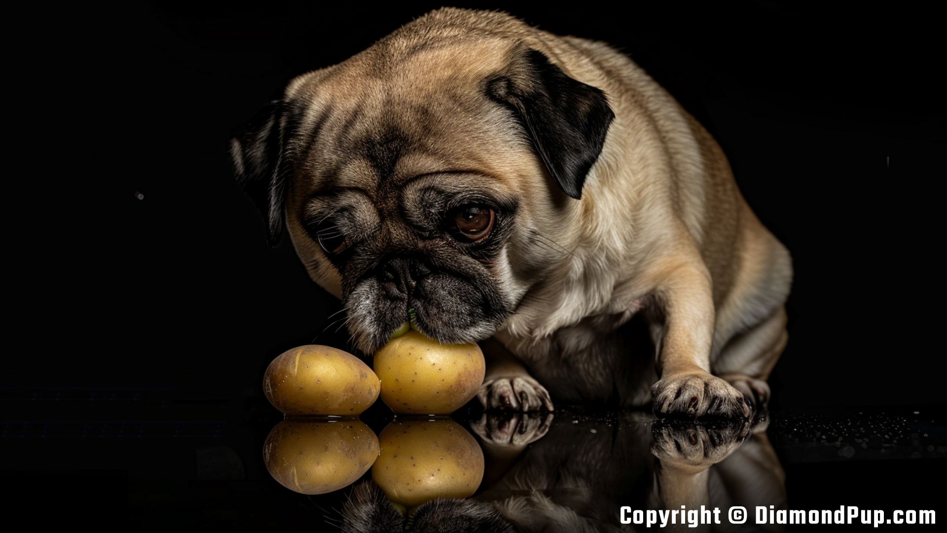 Photograph of a Happy Pug Eating Potato