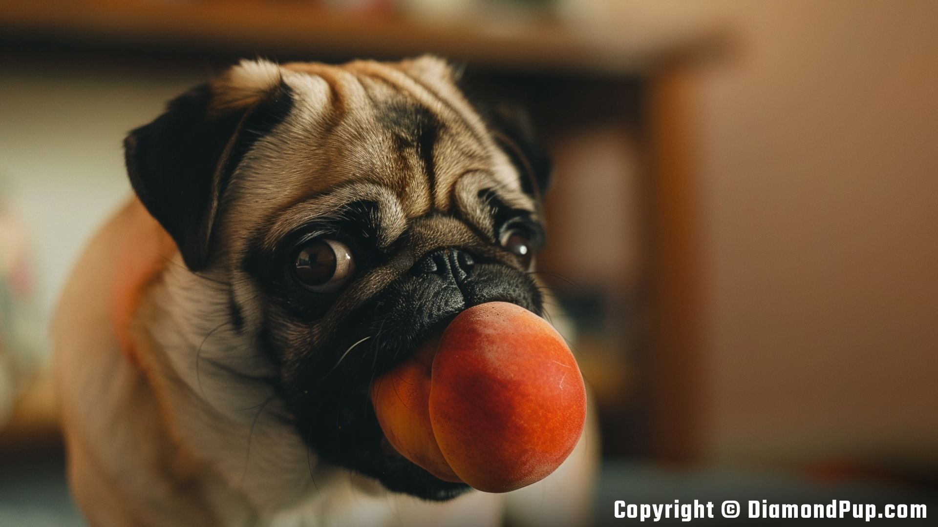 Photograph of a Happy Pug Snacking on Peaches
