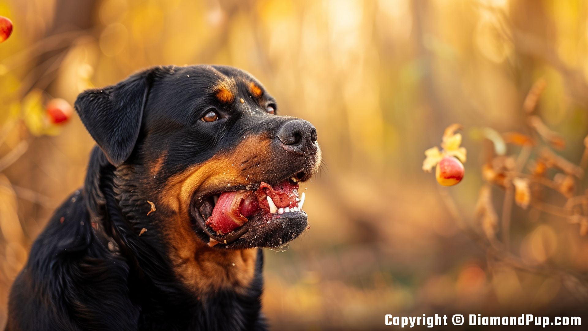Photograph of a Happy Rottweiler Eating Bacon